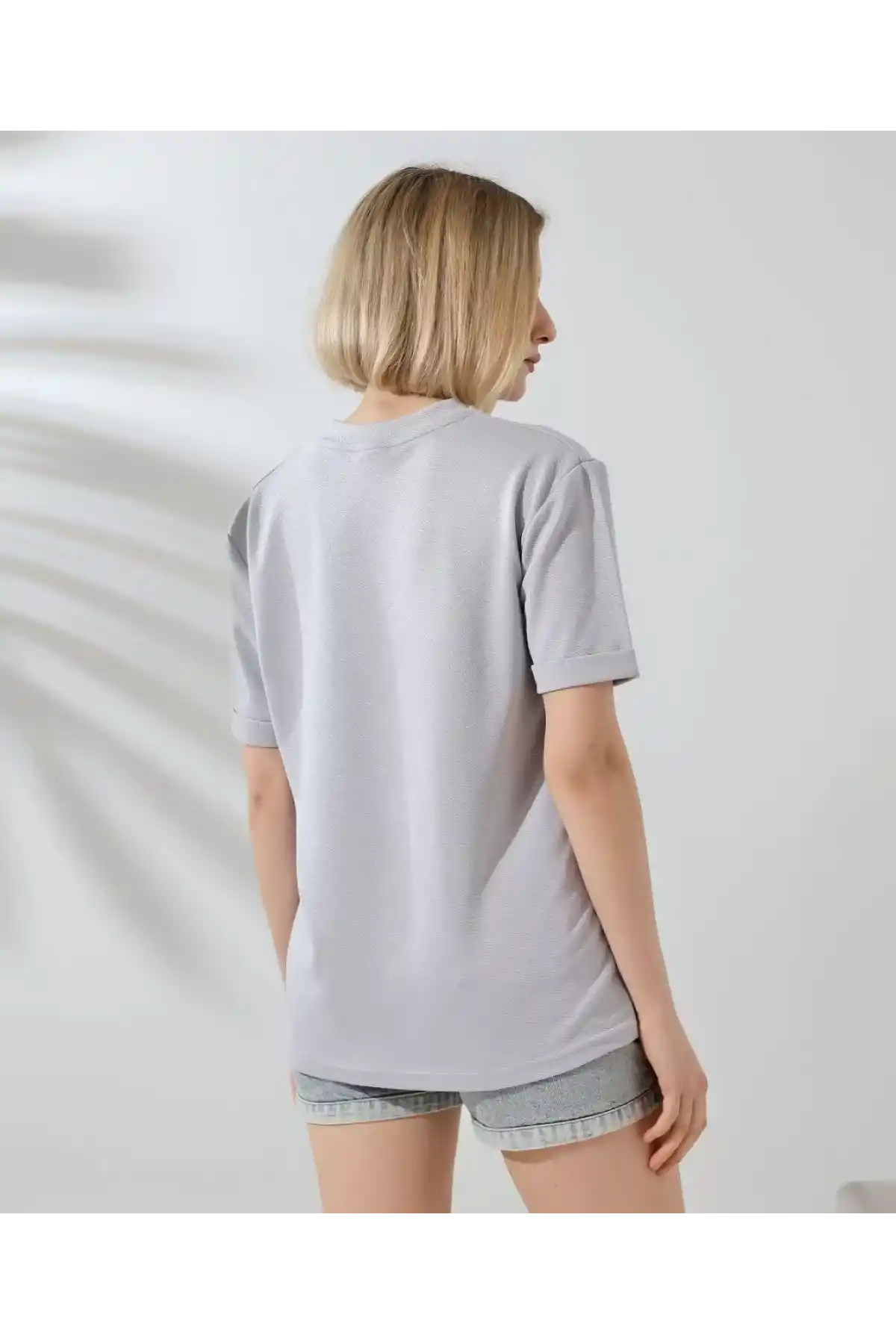 Unisex Bisiklet Yaka Baskılı Slim Fit T-Shirt - Boyalı Gri