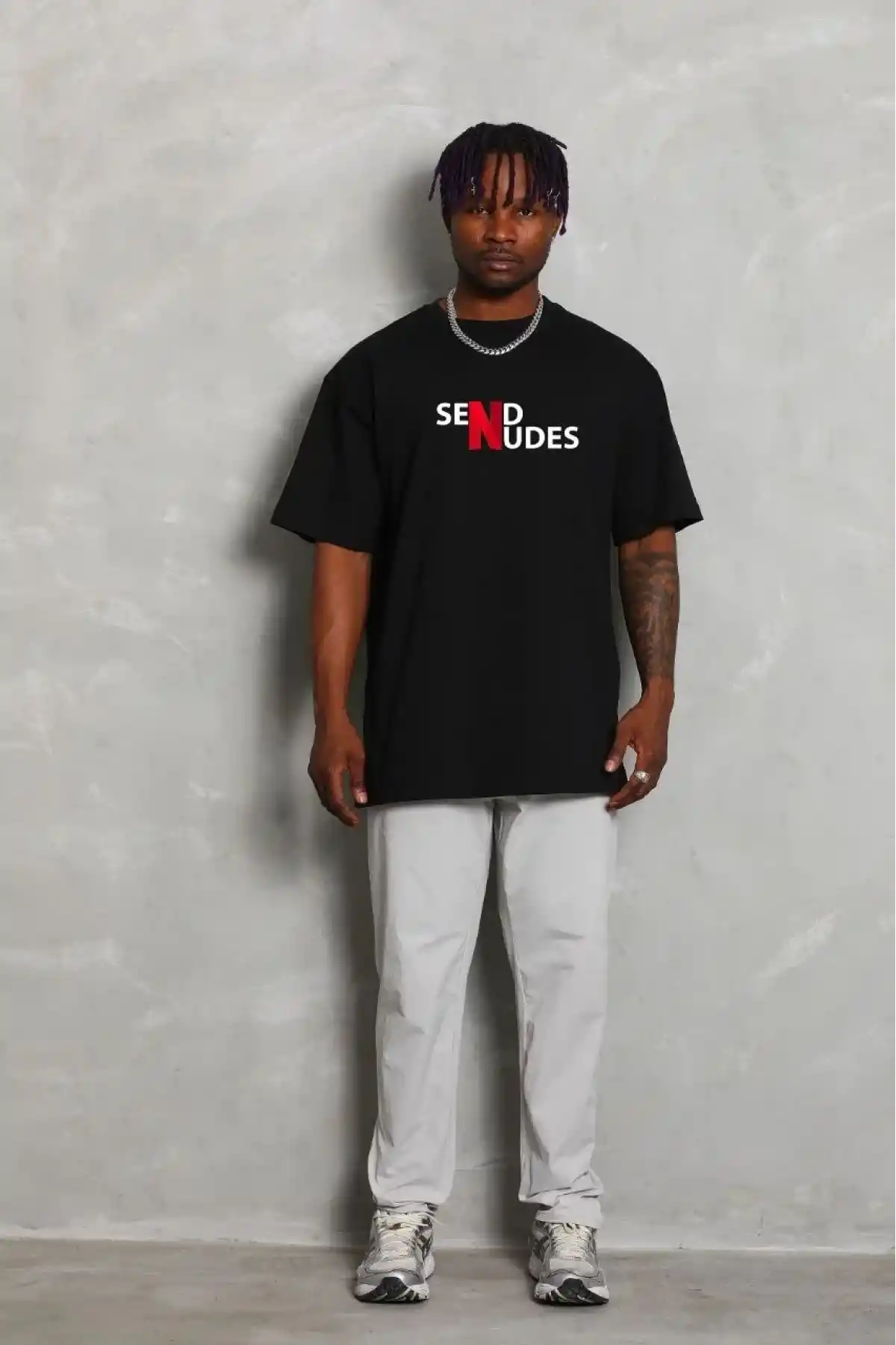 ERKEK Bisiklet Yaka Double Oversize Baskılı T-Shirt - Siyah