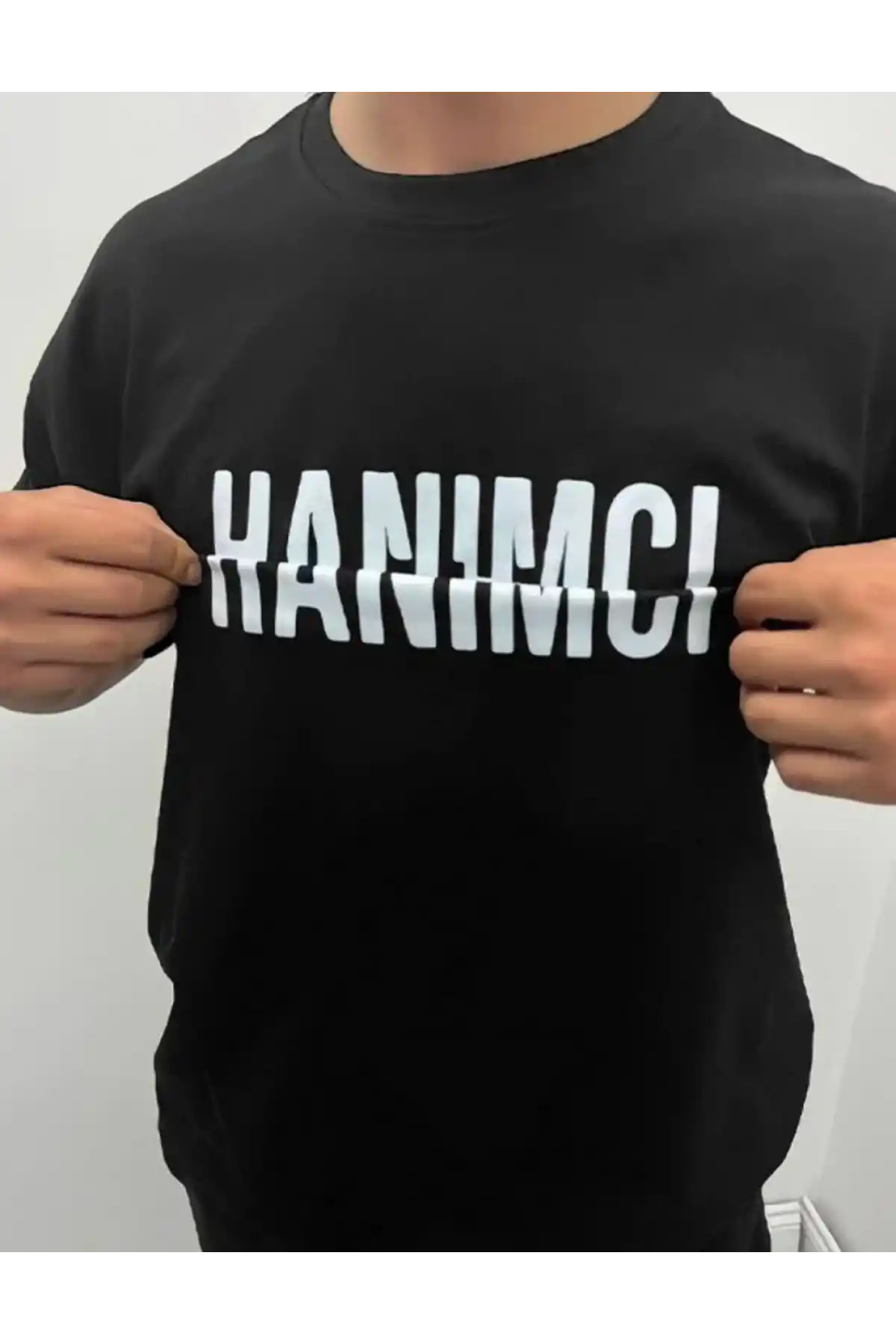 ERKEK Bisiklet Yaka Katlanan Hanımcı Baskılı T-Shirt - Siyah