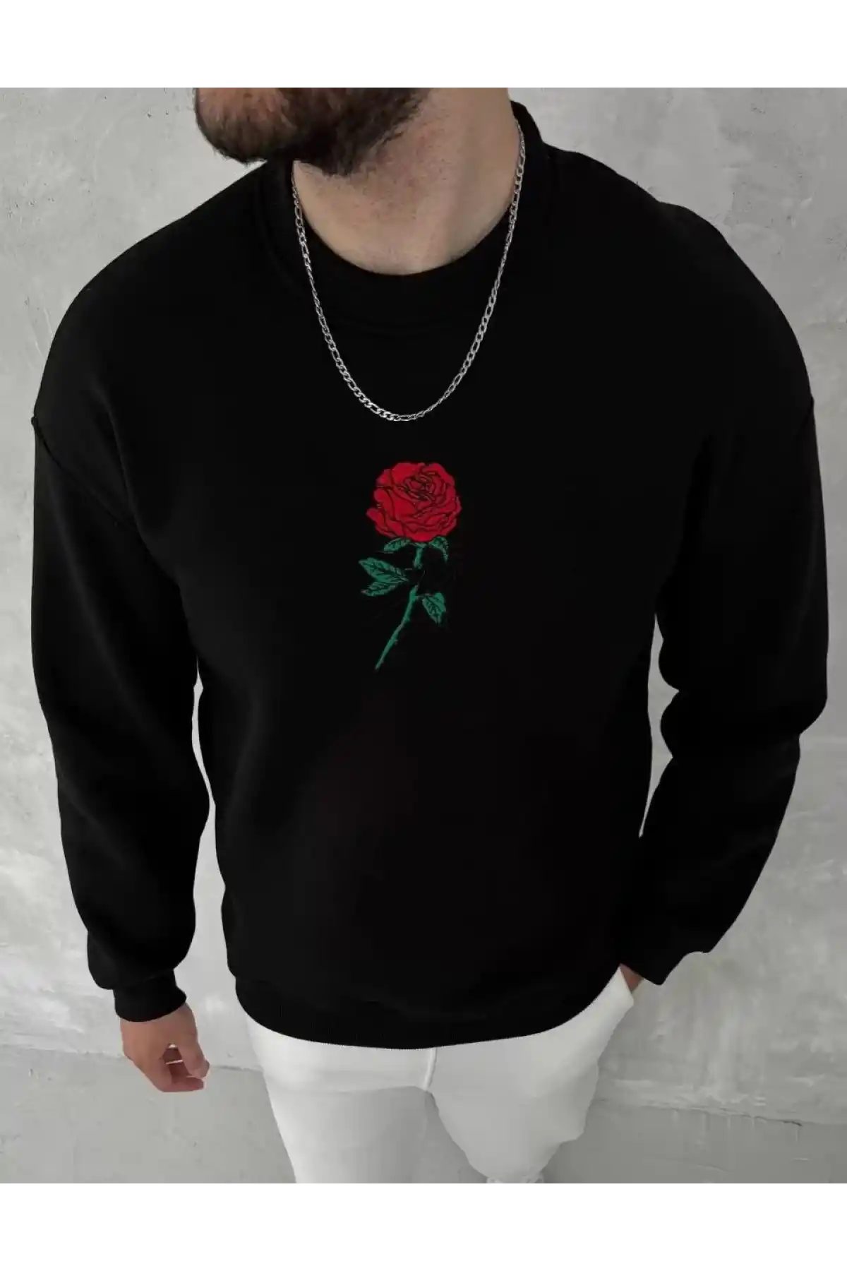 Unisex Bisiklet Yaka Ön Ve Arka Baskılı SweatShirt - Siyah