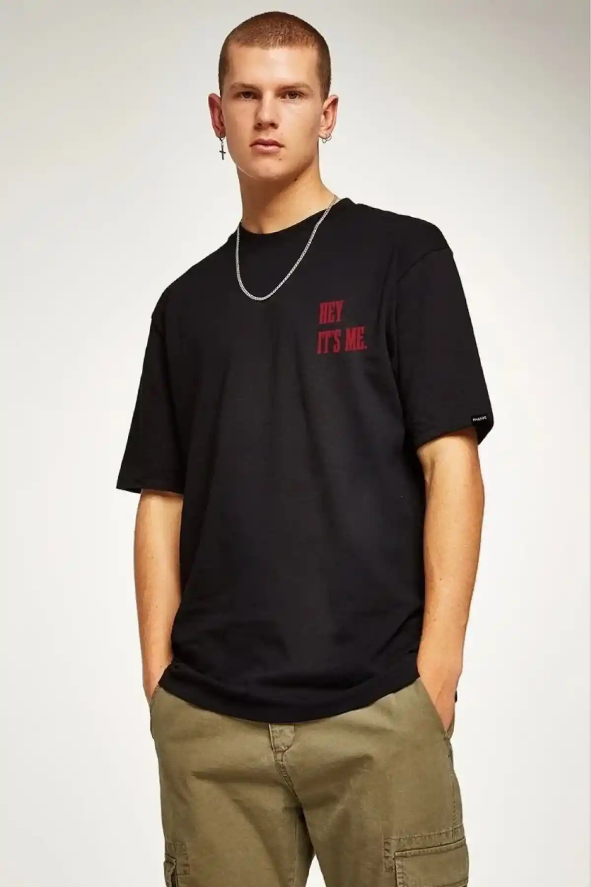 Unisex Bisiklet Yaka Oversize Baskılı T-Shirt - Siyah