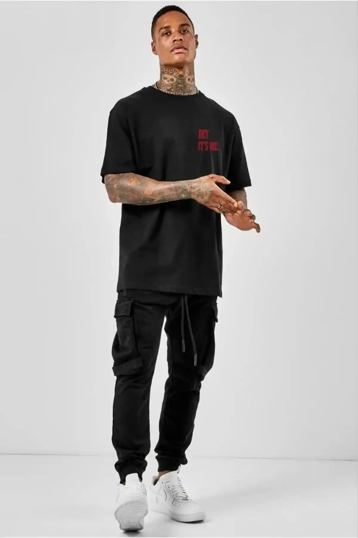 Unisex Bisiklet Yaka Oversize Baskılı T-Shirt - Siyah