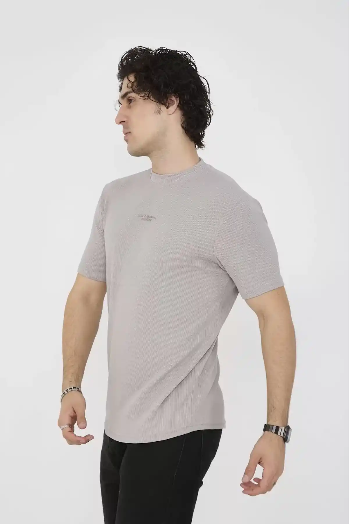 Unisex Bisiklet Yaka Slim fit T-Shirt- Boyalı Gri