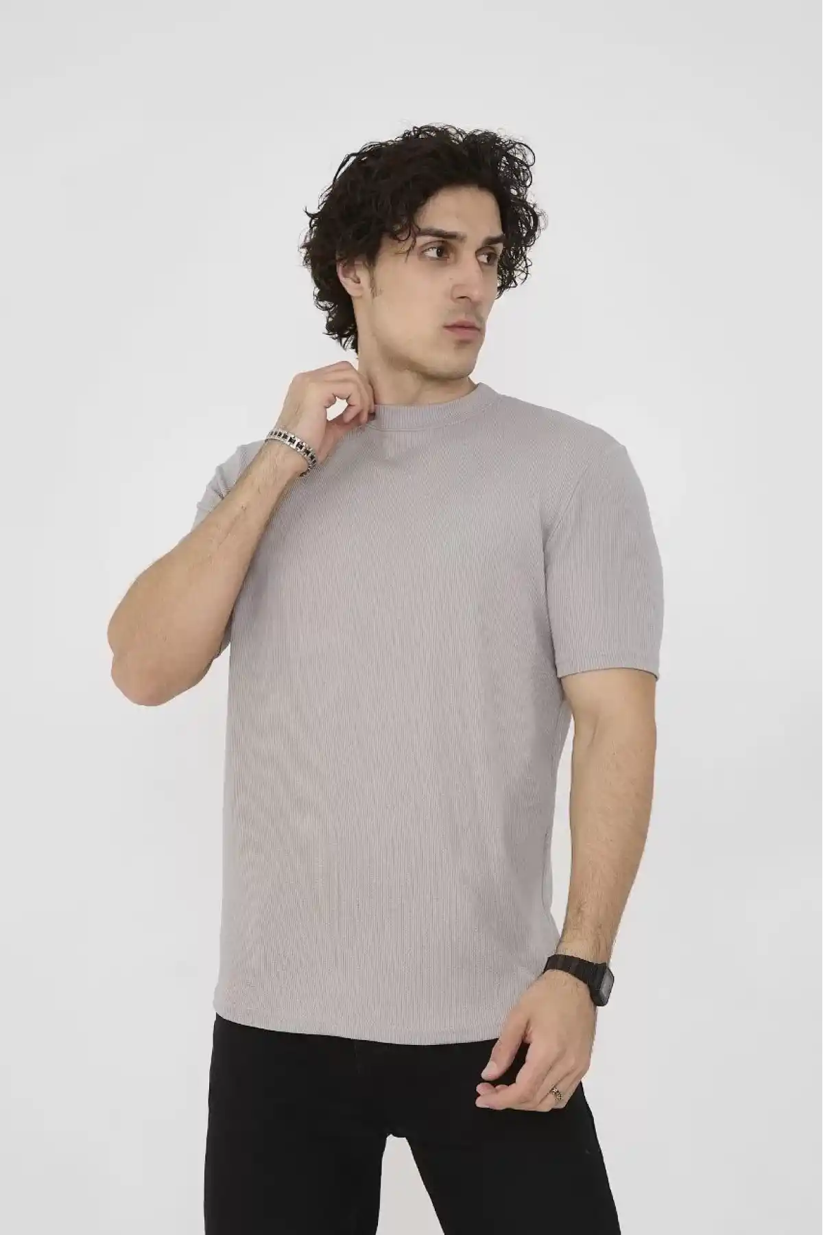 Unisex Bisiklet Yaka Slim fit T-Shirt- Taş