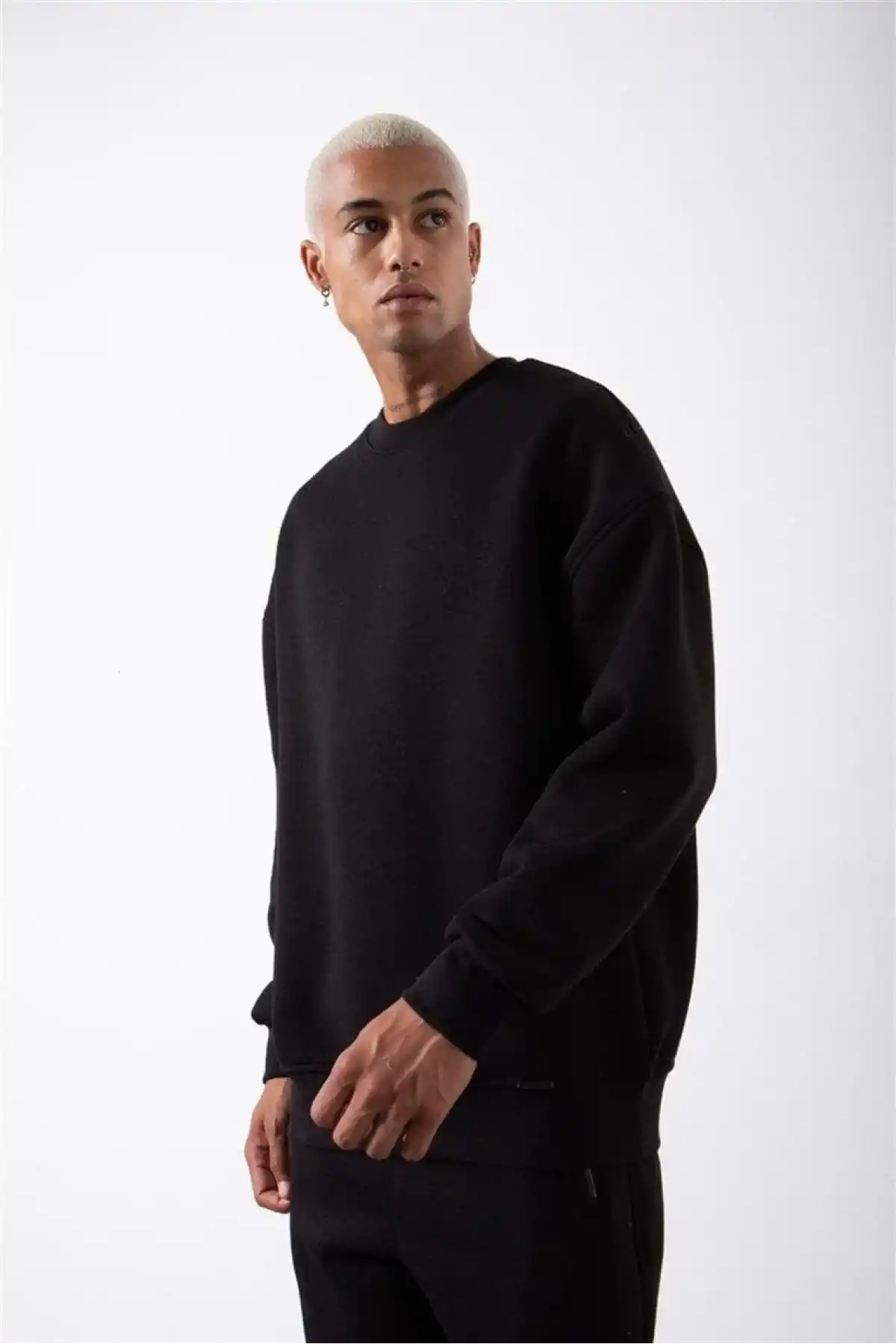 ERKEK Biskilet Yaka Üç İplik SweatShirt - Siyah