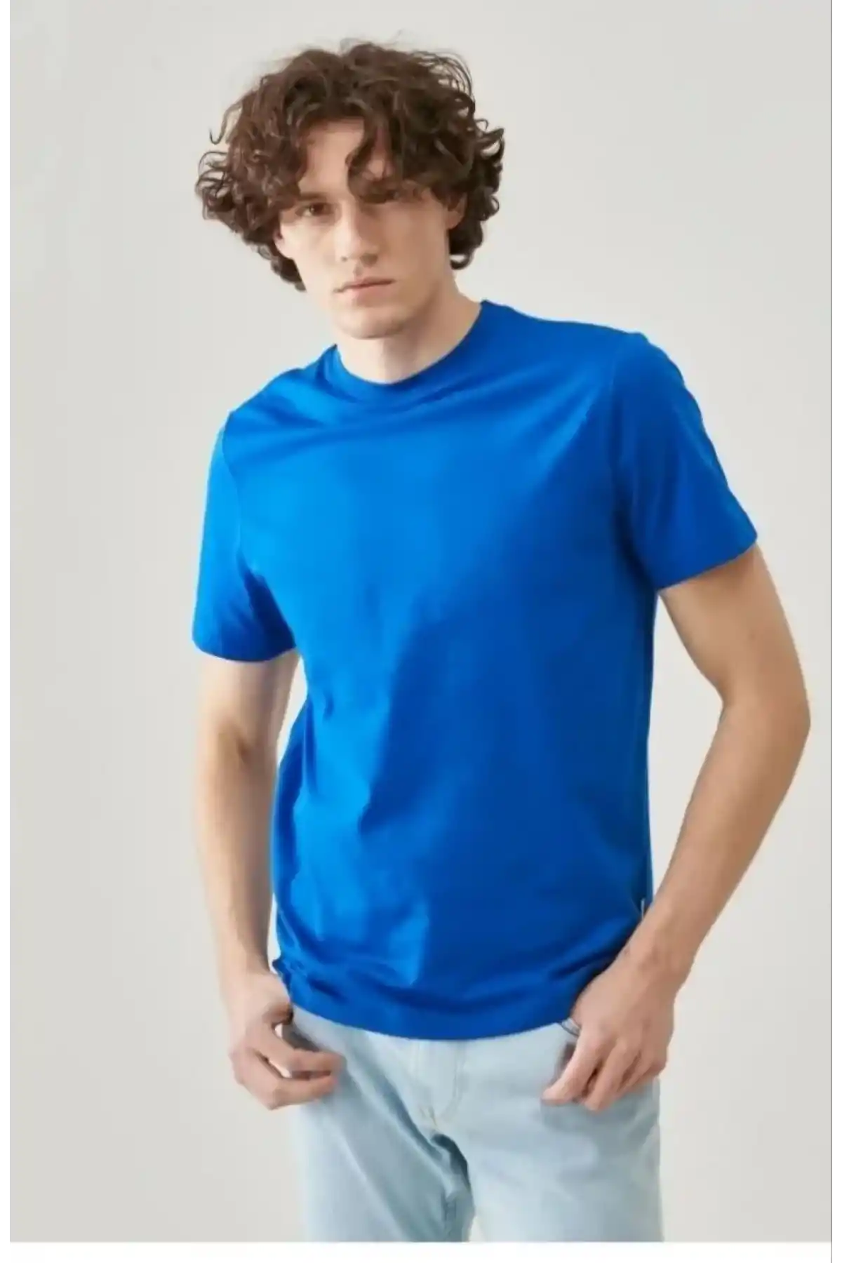 ERKEK Düz Biskilet Yaka Oversize T-shirt - Mavi