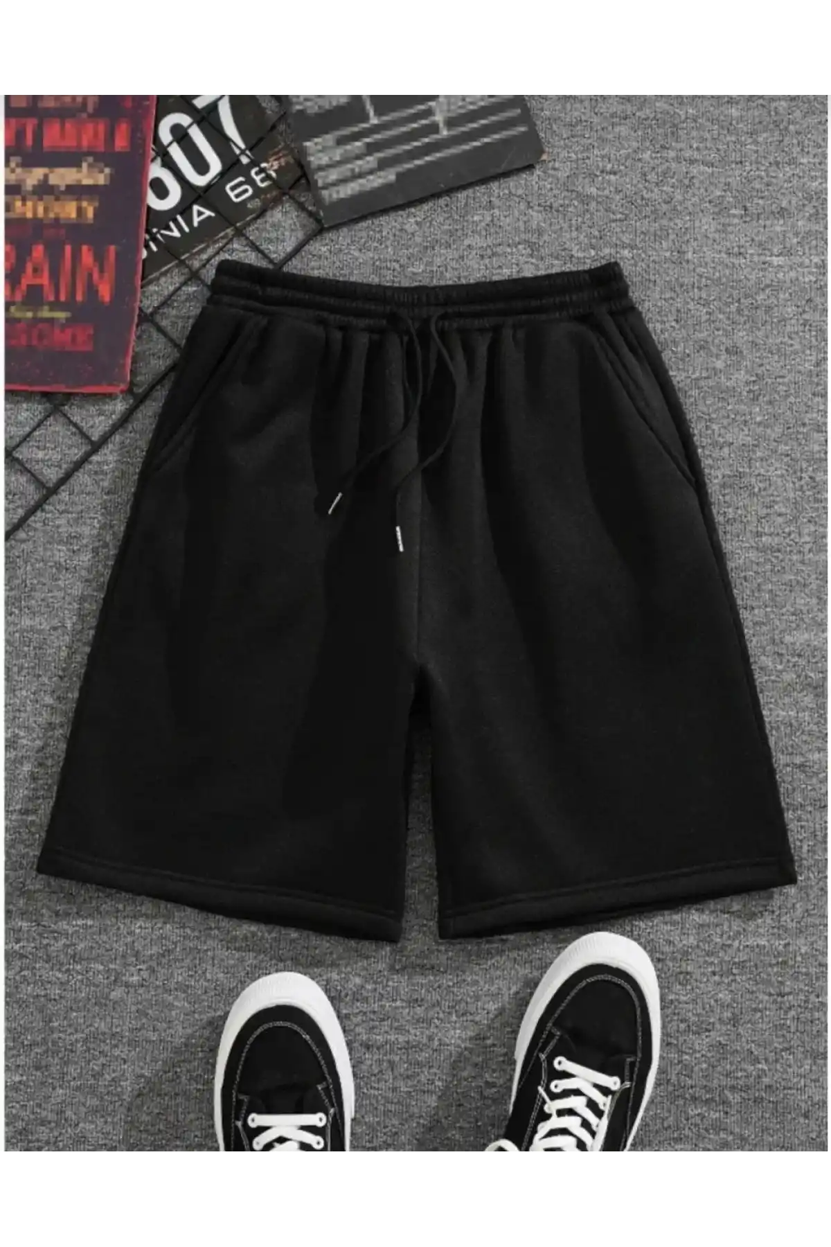 Unisex İki İplik Düz Oversize Şort - Siyah