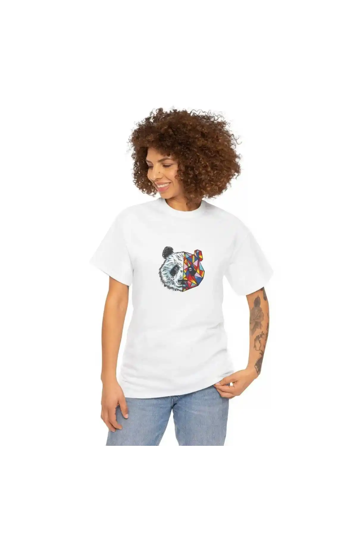 Kadın Bisiklet Yaka Baskılı T-Shirt - Beyaz