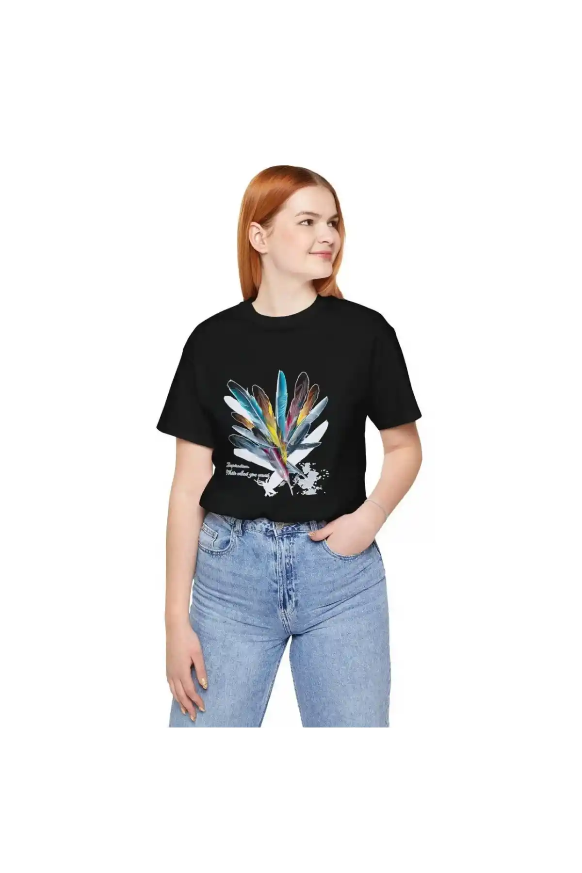 Kadın Bisiklet Yaka Baskılı T-Shirt - Siyah