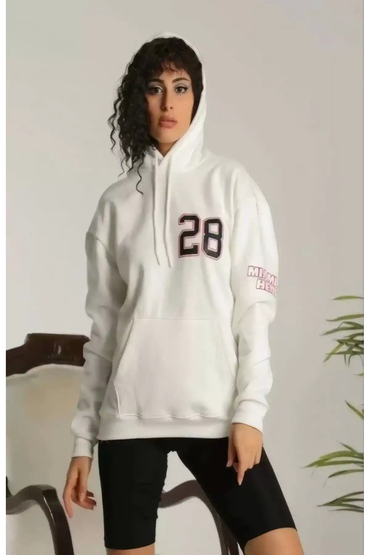 Unisex Kapşonlu Baskılı Sweetshirt - Beyaz