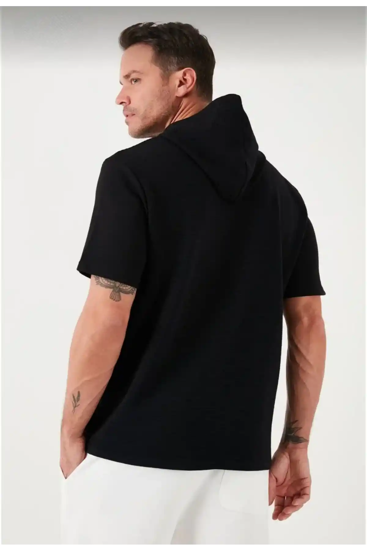 Erkek  Kapşonlu Kısa Kol Düz Oversize T-shirt - Siyah