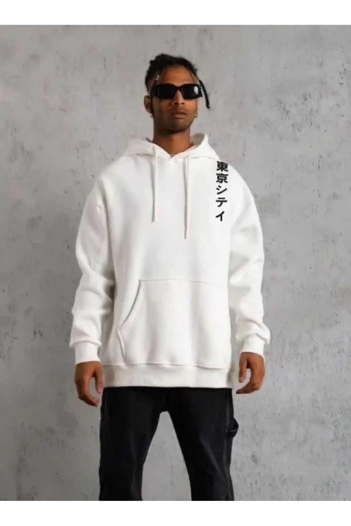 Unisex Kapşonlu Uzun Kol Baskılı Sweetshirt - Beyaz