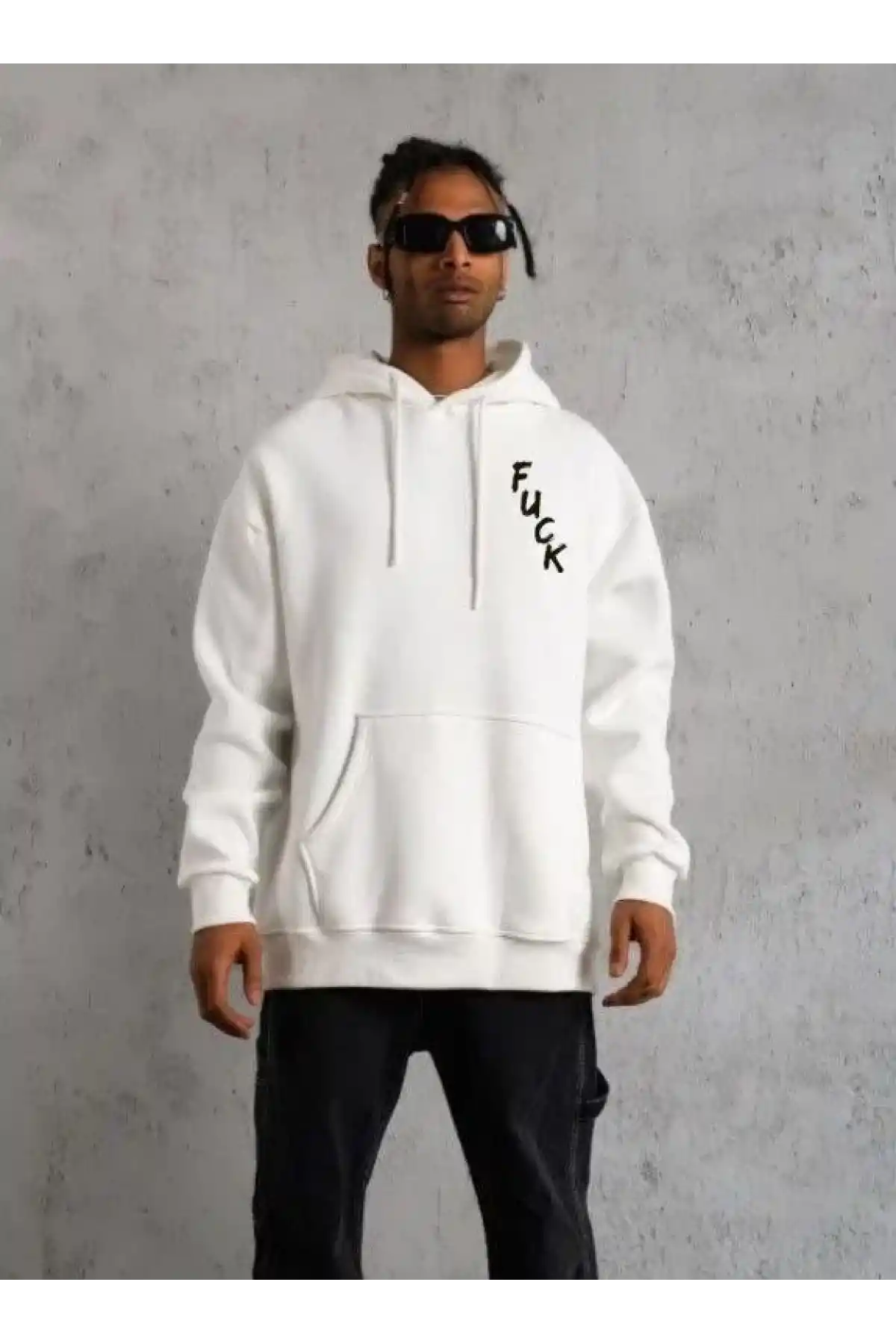 ERKEK Kapşonlu Uzun Kol Baskılı Sweetshirt - Beyaz