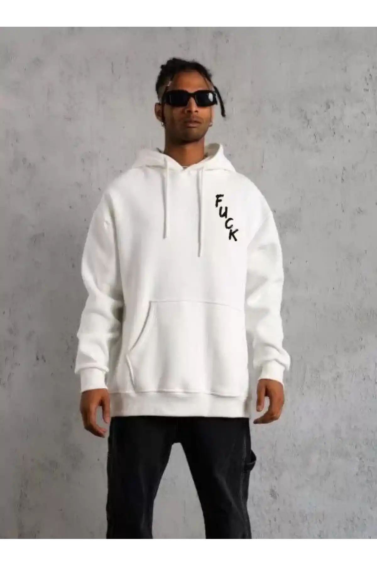 Unisex Kapşonlu Uzun Kol Baskılı Sweetshirt - Beyaz