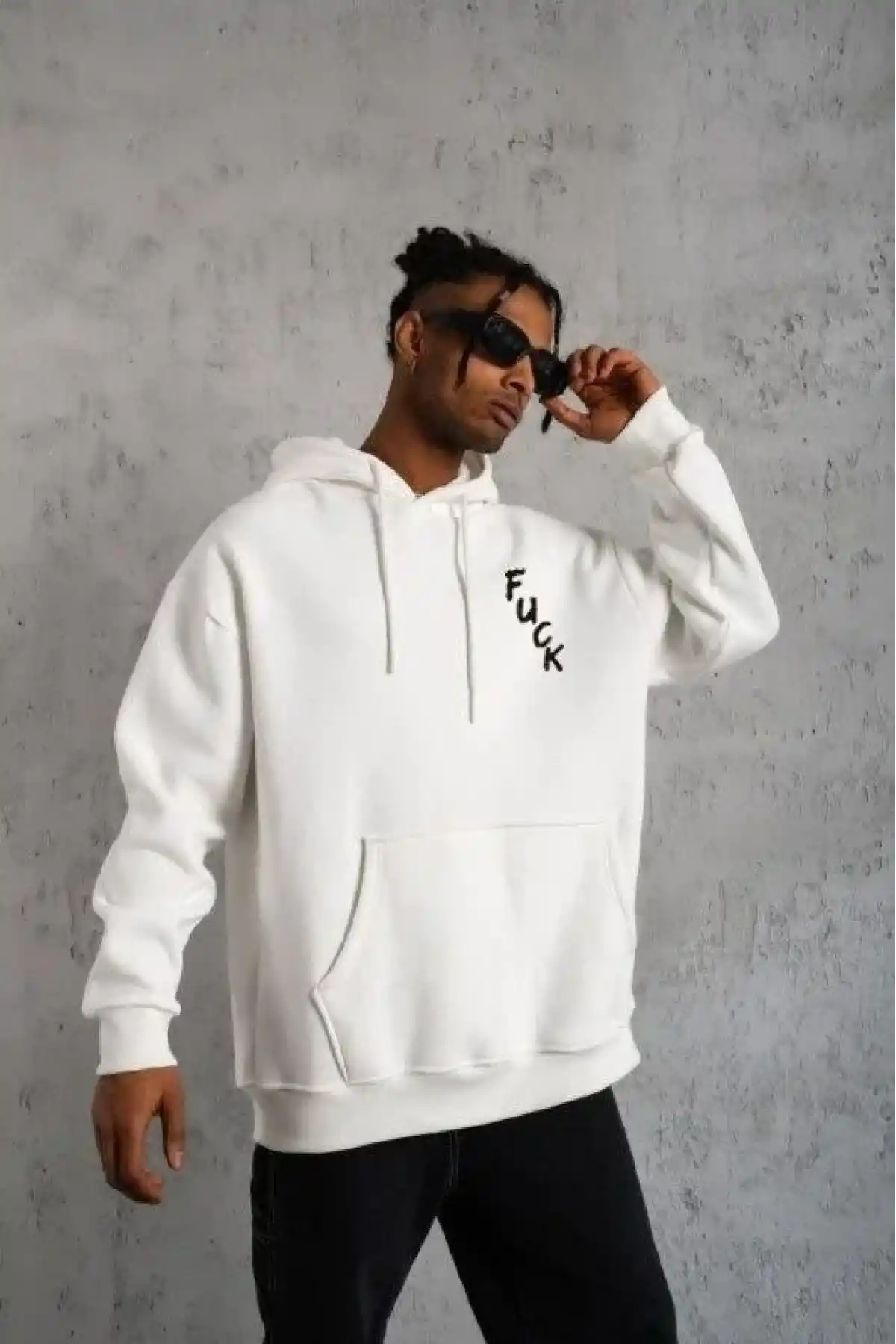 ERKEK Kapşonlu Uzun Kol Baskılı Sweetshirt - Beyaz