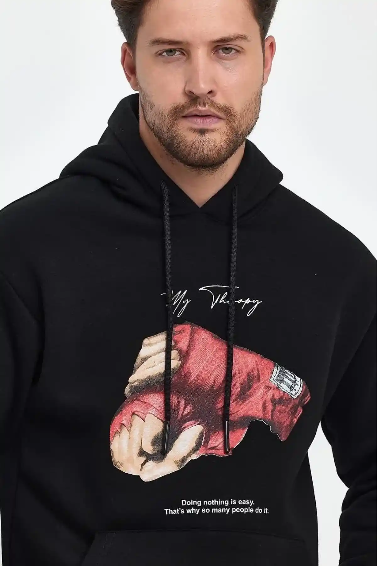 ERKEK Kapüşonlu Üç İplik Oversize Baskılı Sweatshirt - Siyah