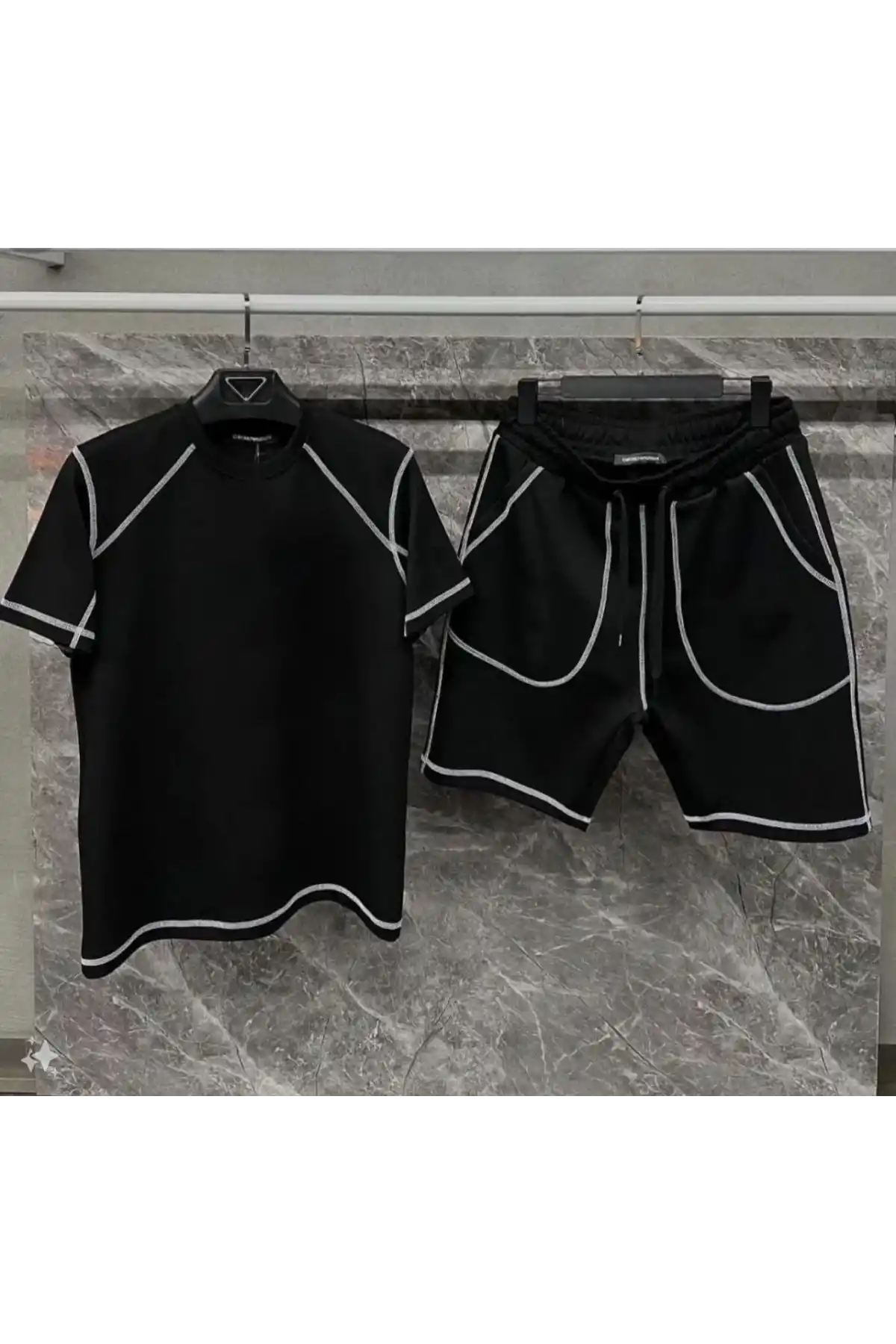 Erkek Karoyaka Dikişli Şortlu Alt-Üst Takım - Siyah