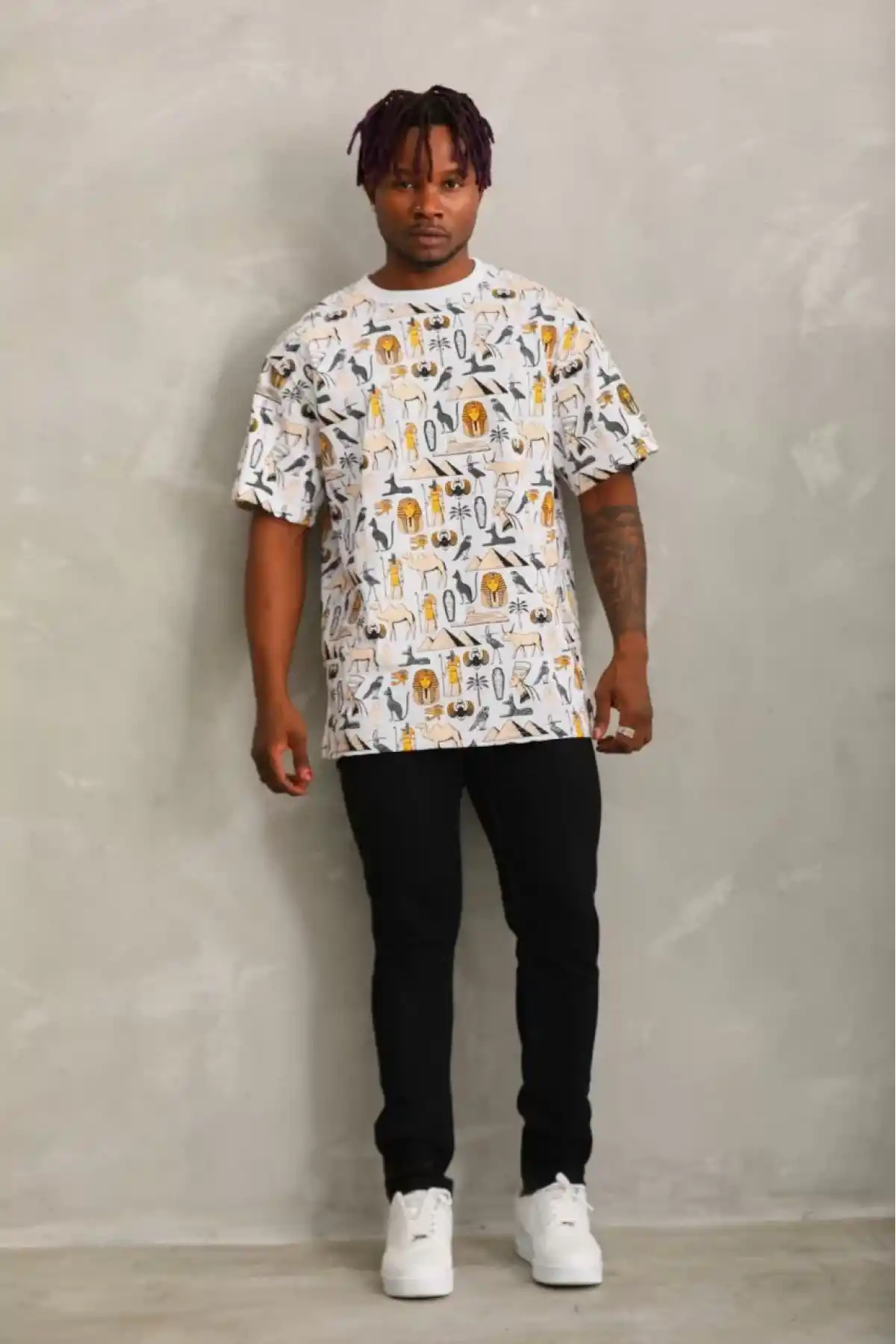 Unisex Oversize Baskılı Bisiklet Yaka T-Shirt - Beyaz