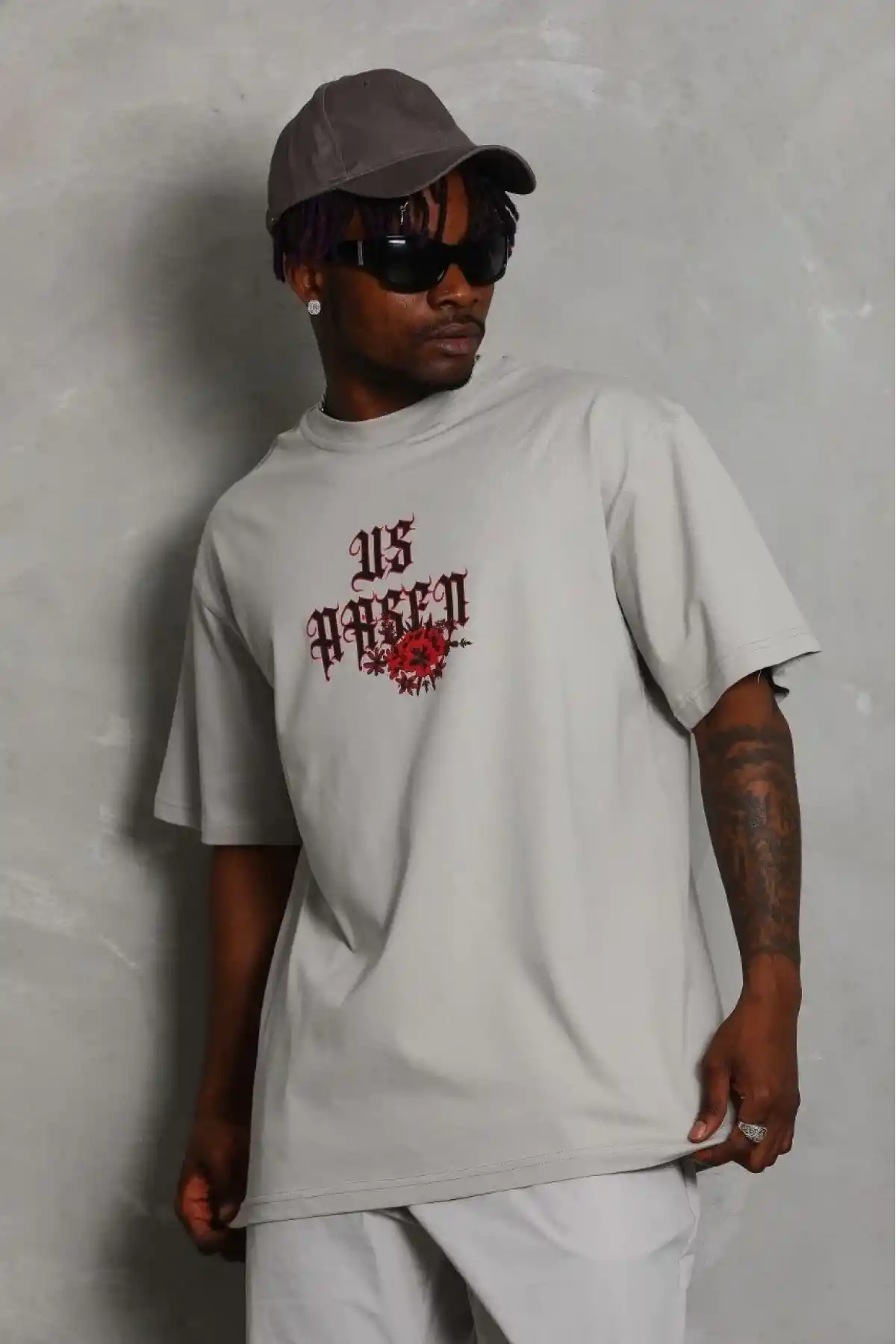 Erkek Kısa Kol Yazlık Tişört Bisiklet Yaka Baskılı Oversize T-Shirt - Gri