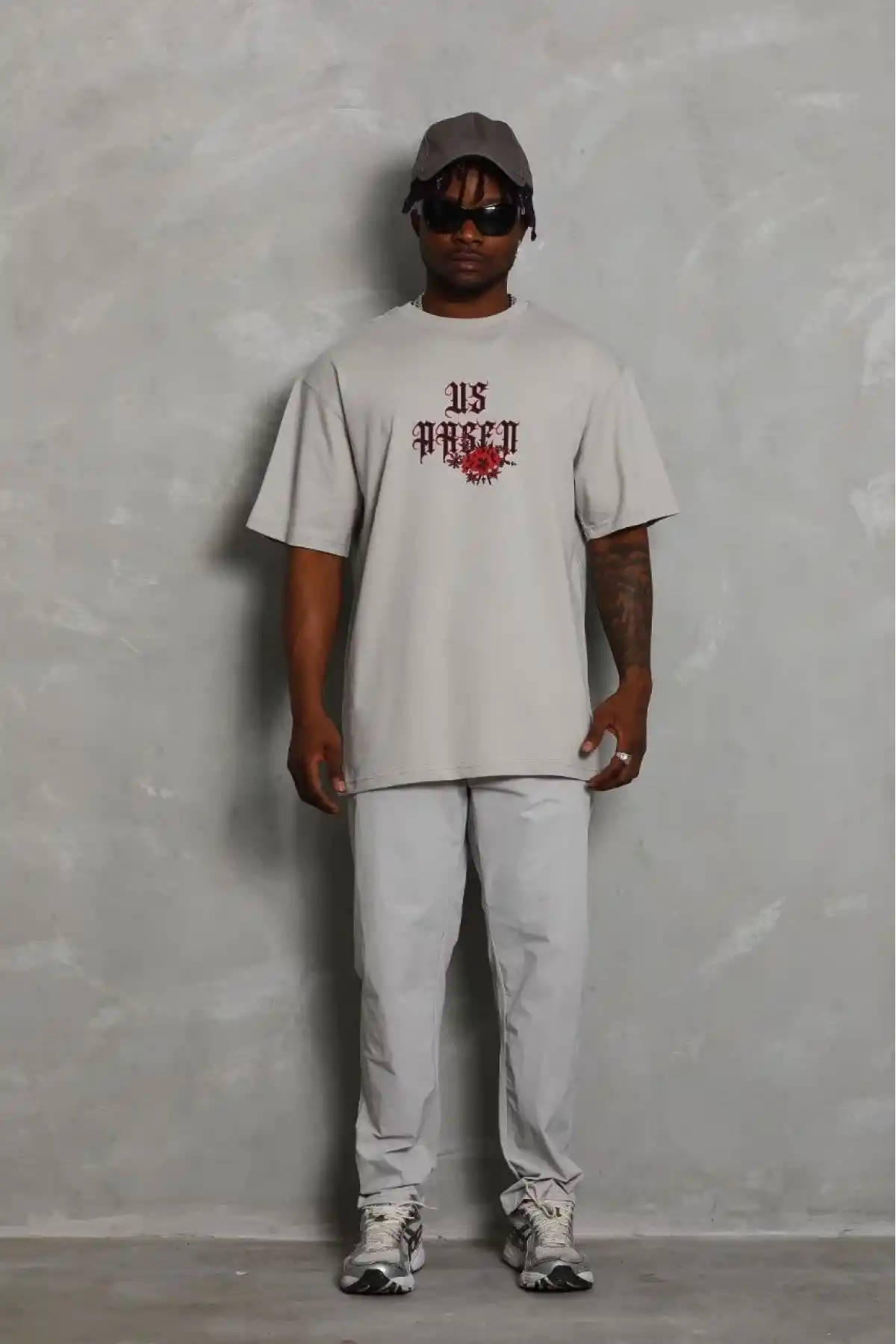 Erkek Kısa Kol Yazlık Tişört Bisiklet Yaka Baskılı Oversize T-Shirt - Gri