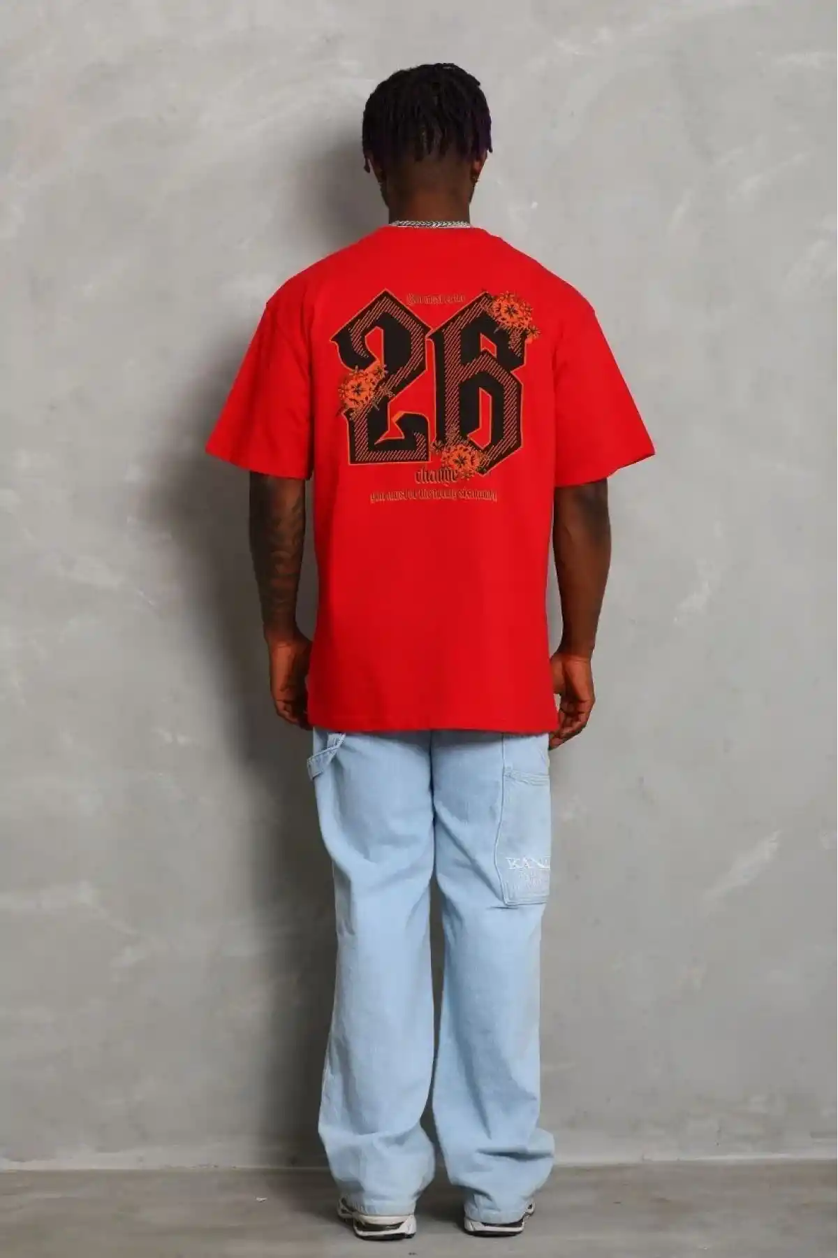 Erkek Baskılı Tişört Kısa Kol Bisiklet Yaka Oversize T-Shirt - Kırmızı