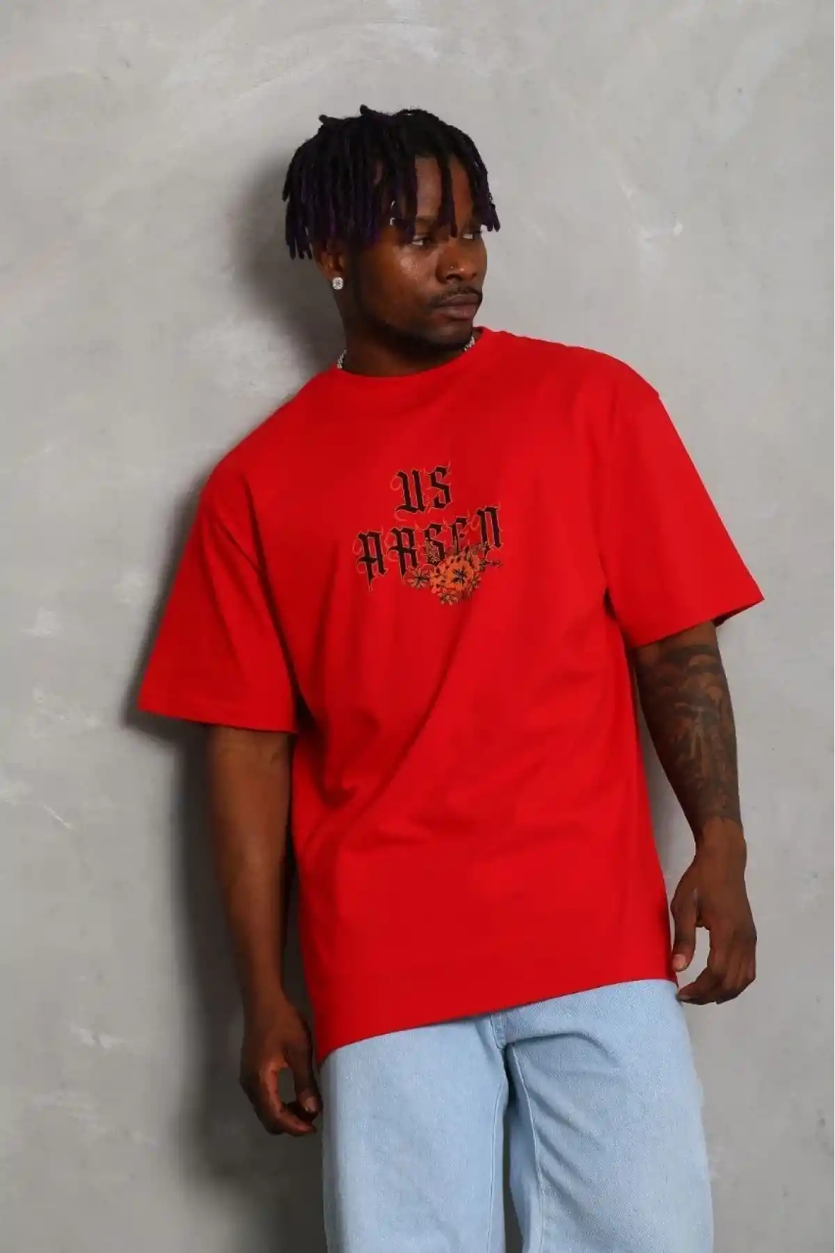 Erkek Baskılı Tişört Kısa Kol Bisiklet Yaka Oversize T-Shirt - Kırmızı