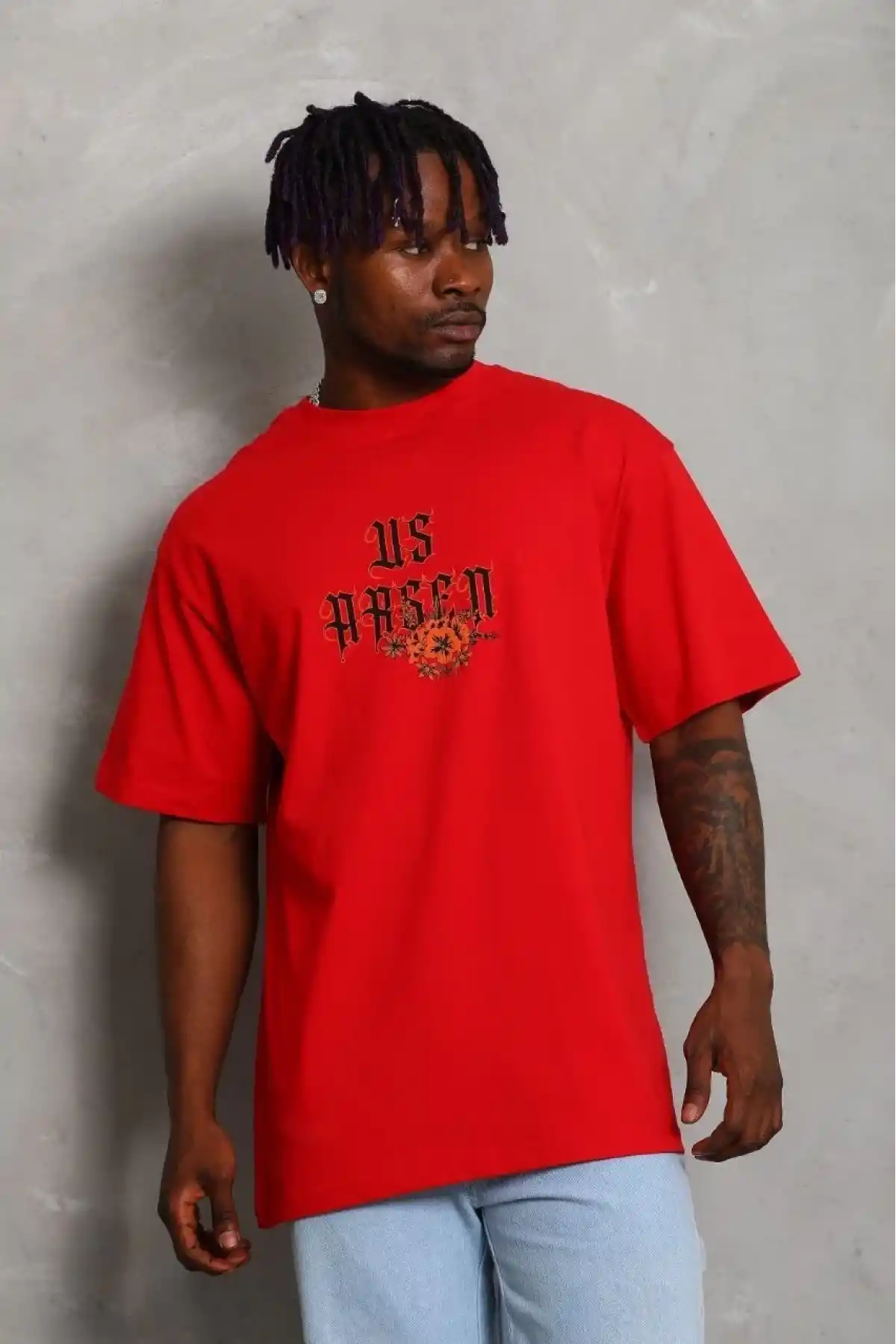 Erkek Baskılı Tişört Kısa Kol Bisiklet Yaka Oversize T-Shirt - Kırmızı