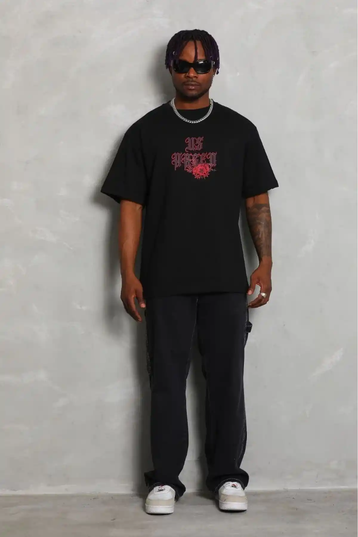 Erkek Baskılı Tişört Kısa Kol Bisiklet Yaka Oversize T-Shirt - Siyah