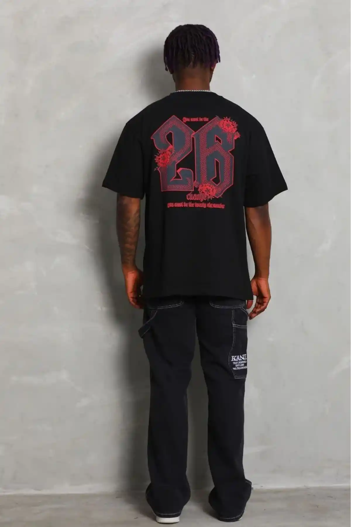 Erkek Baskılı Tişört Kısa Kol Bisiklet Yaka Oversize T-Shirt - Siyah