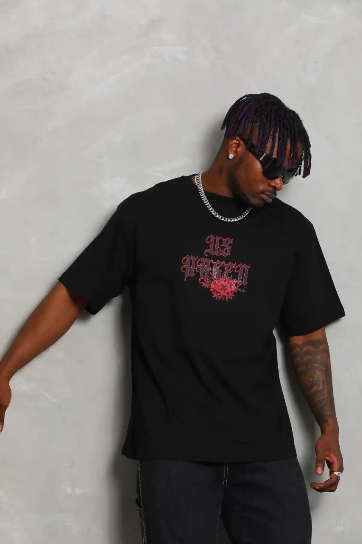 Erkek Baskılı Tişört Kısa Kol Bisiklet Yaka Oversize T-Shirt - Siyah