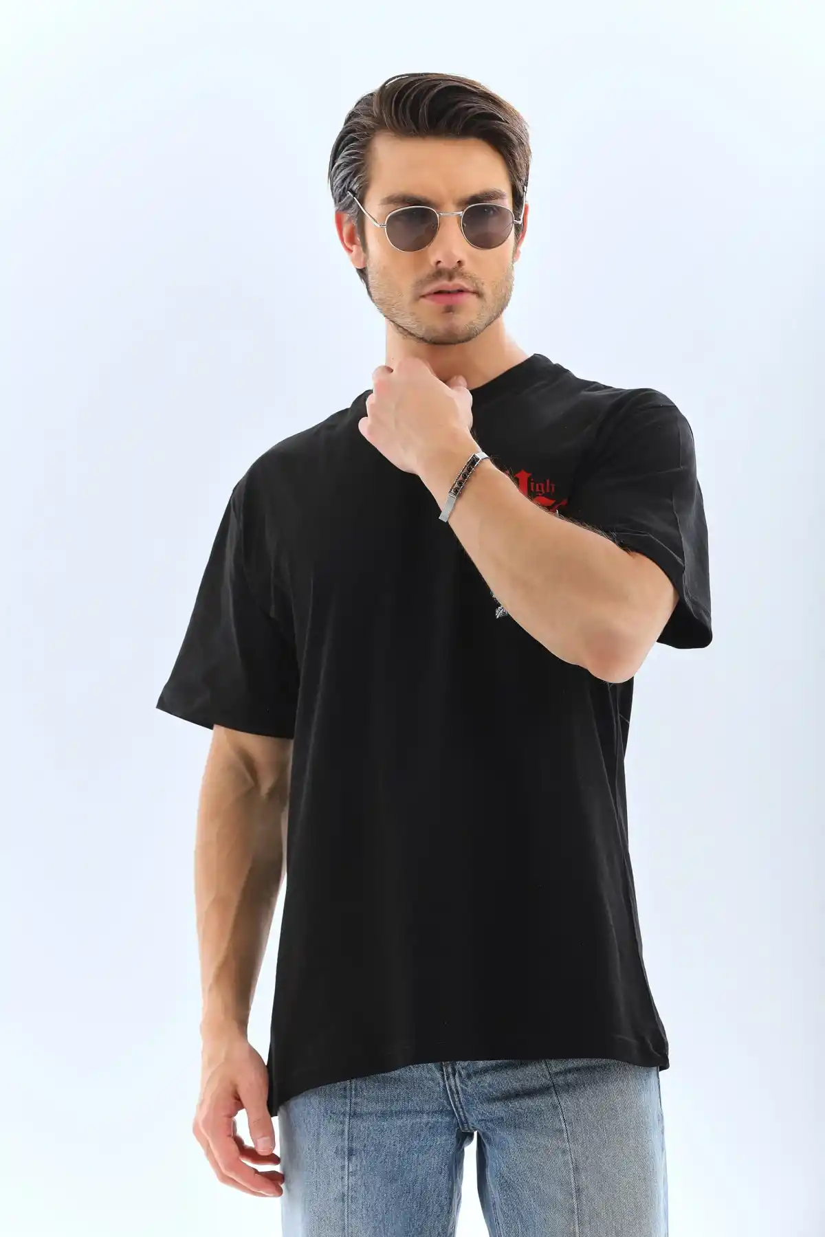 Unisex Oversize Baskılı Bisiklet Yaka T-Shirt - Siyah