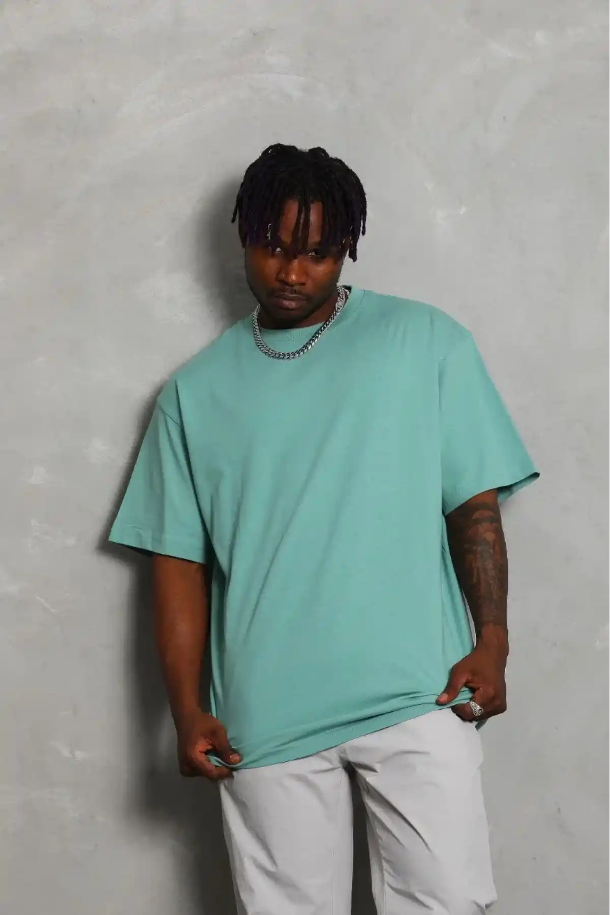 ERKEK Oversize Düz Bisiklet Yaka T-Shirt - Mint Yeşili