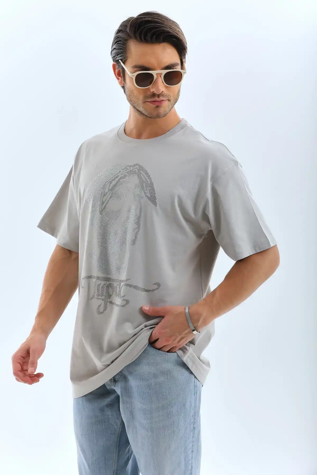 ERKEK Oversize Taşlı Bisiklet Yaka T-Shirt - Gri