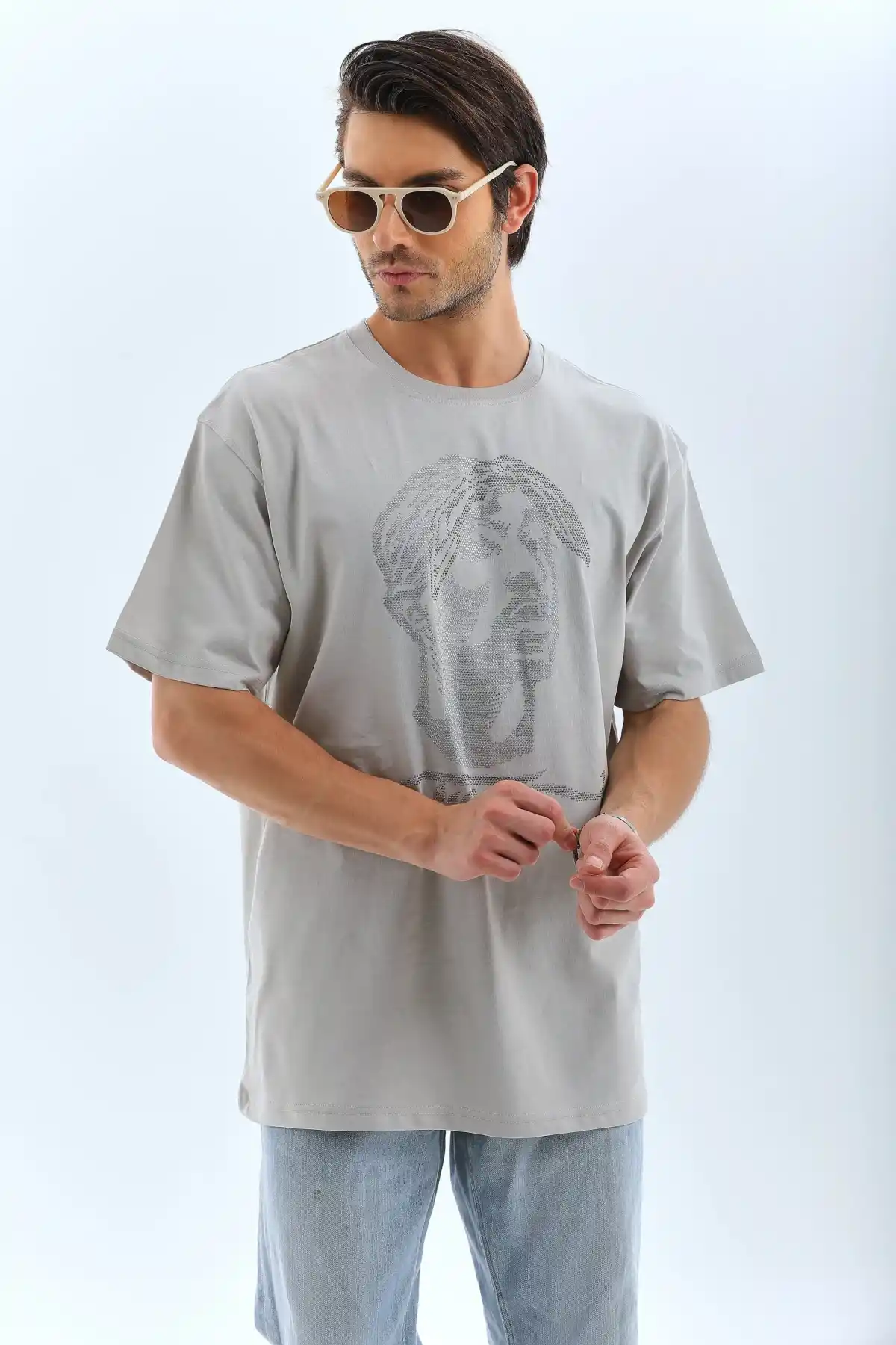 ERKEK Oversize Taşlı Bisiklet Yaka T-Shirt - Gri