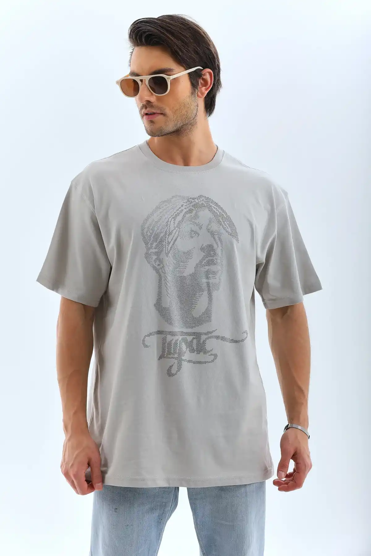 ERKEK Oversize Taşlı Bisiklet Yaka T-Shirt - Gri