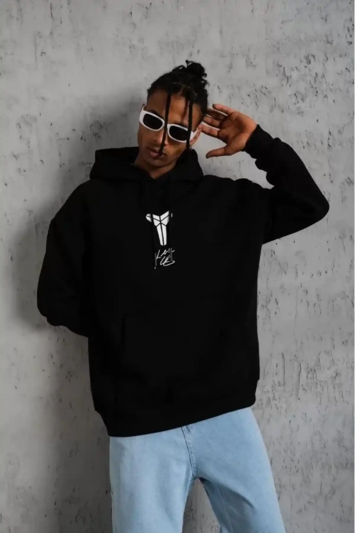 Unisex Sırt Baskılı Kapüşonlu Üç İplik Oversize Sweatshirt - Siyah