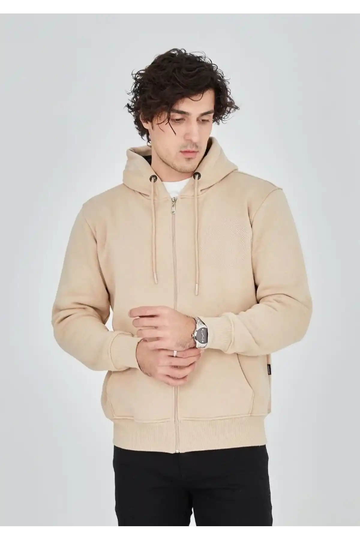 ERKEK Tam Fermuarlı Kapşonlu SweatShirt - Bej