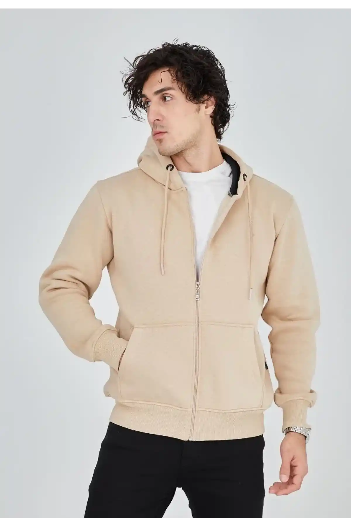 ERKEK Tam Fermuarlı Kapşonlu SweatShirt - Bej