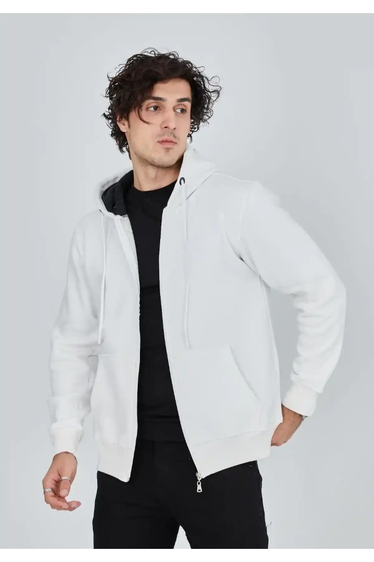 ERKEK Tam Fermuarlı Kapşonlu  SweatShirt - Beyaz