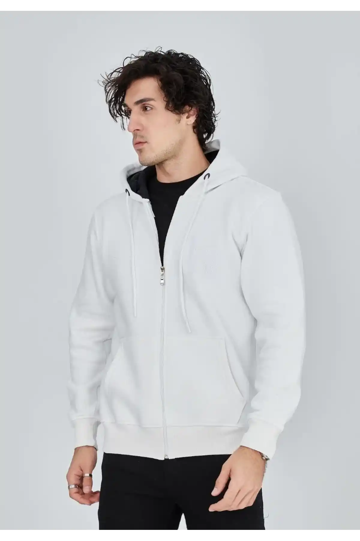 ERKEK Tam Fermuarlı Kapşonlu  SweatShirt - Beyaz