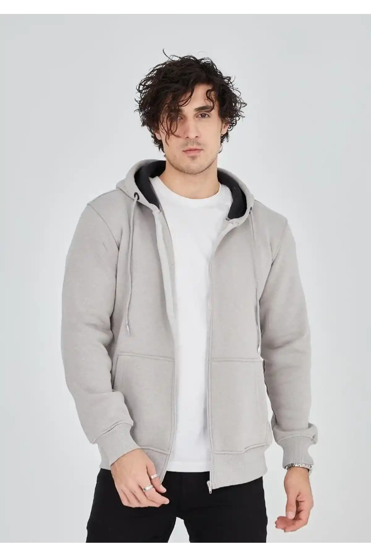 Unisex Tam Fermuarlı Kapşonlu  SweatShirt - Boyalı Gri