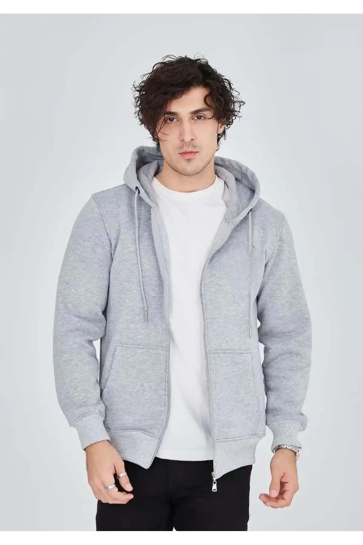 ERKEK Tam Fermuarlı Kapşonlu SweatShirt - Gri