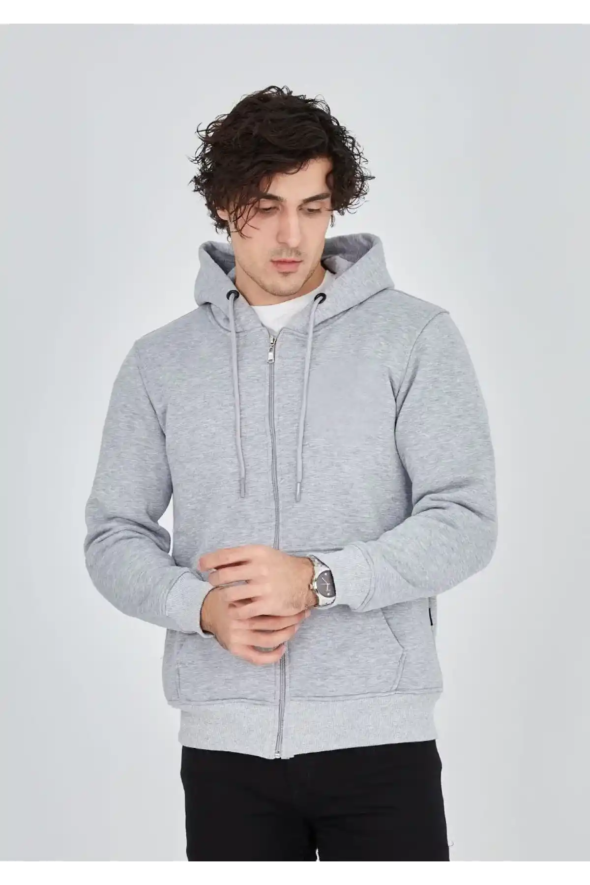 ERKEK Tam Fermuarlı Kapşonlu SweatShirt - Gri