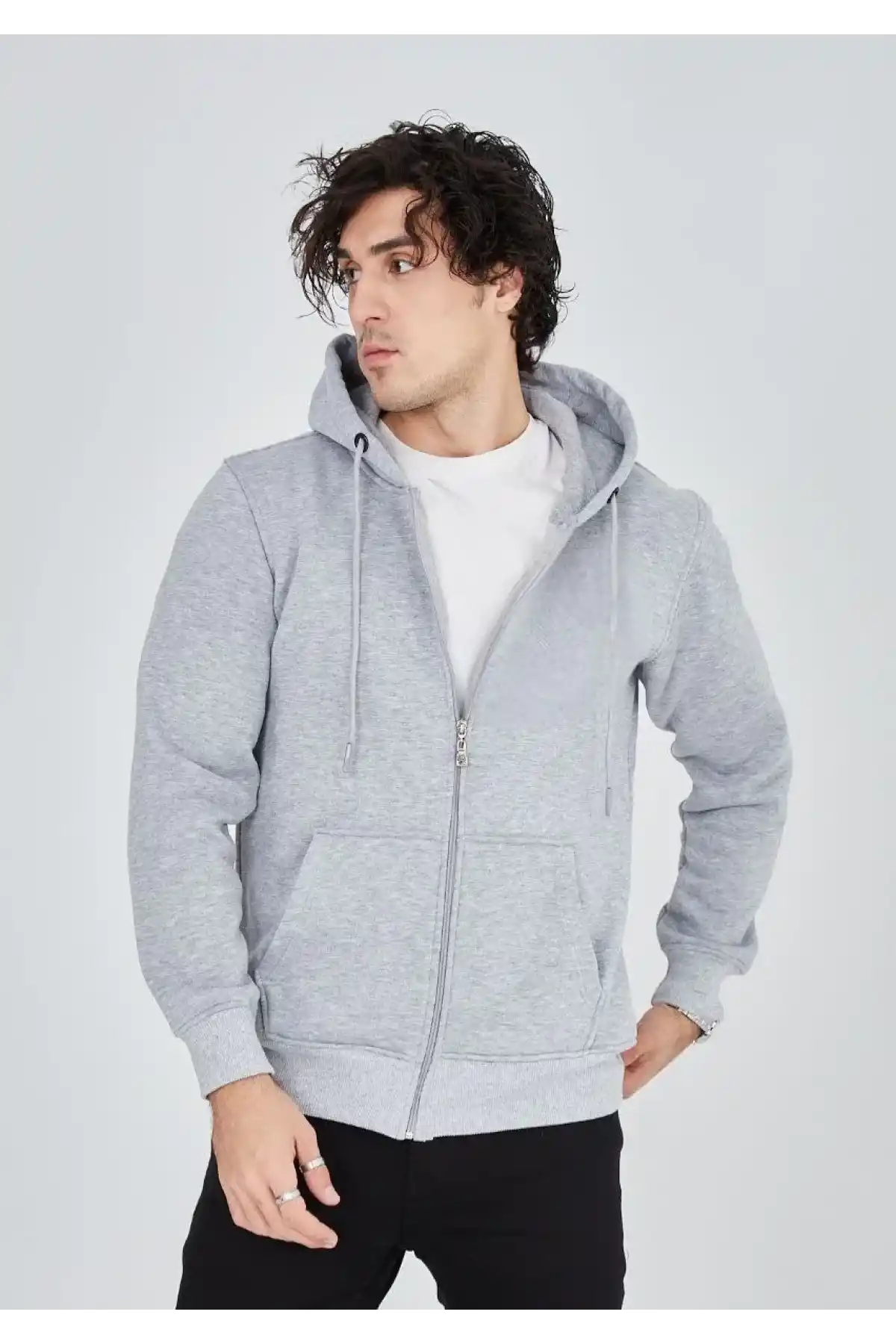ERKEK Tam Fermuarlı Kapşonlu SweatShirt - Gri