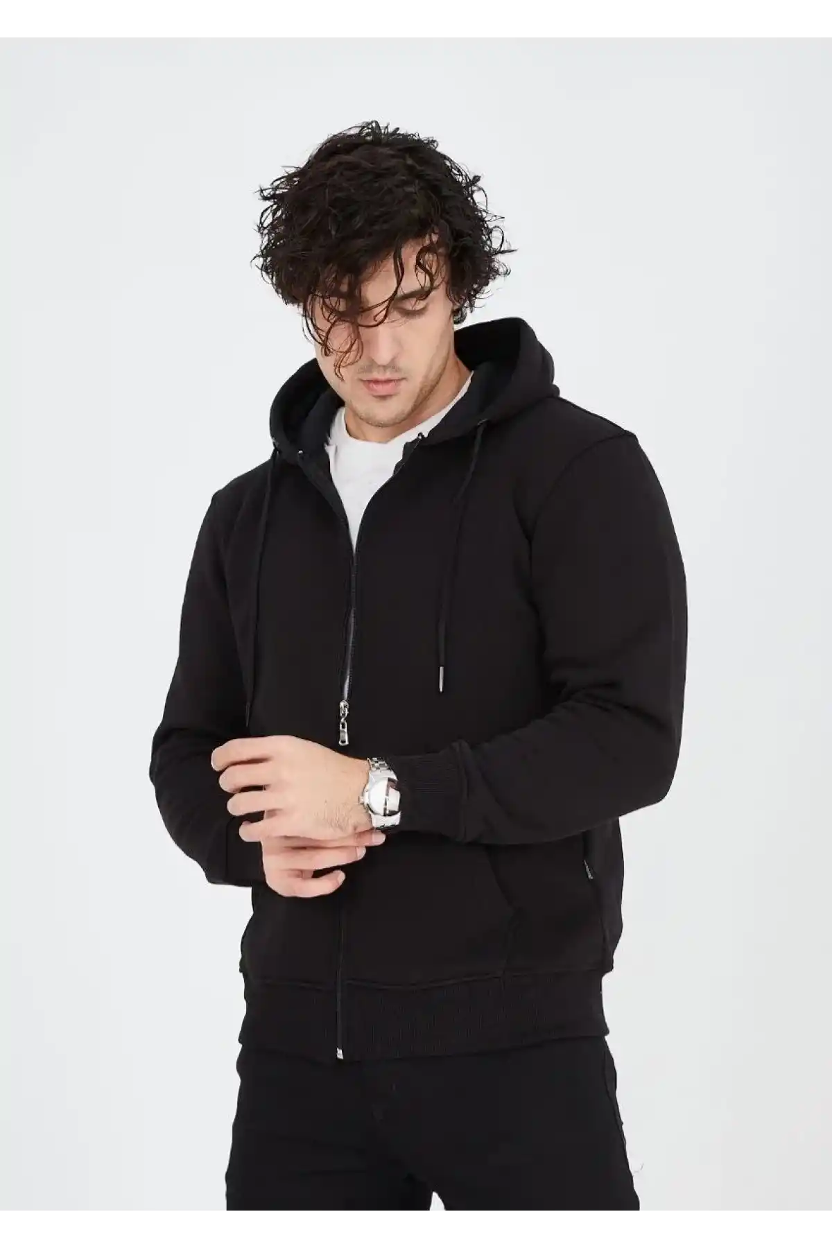 Unisex Tam Fermuarlı Kapşonlu  SweatShirt - Siyah