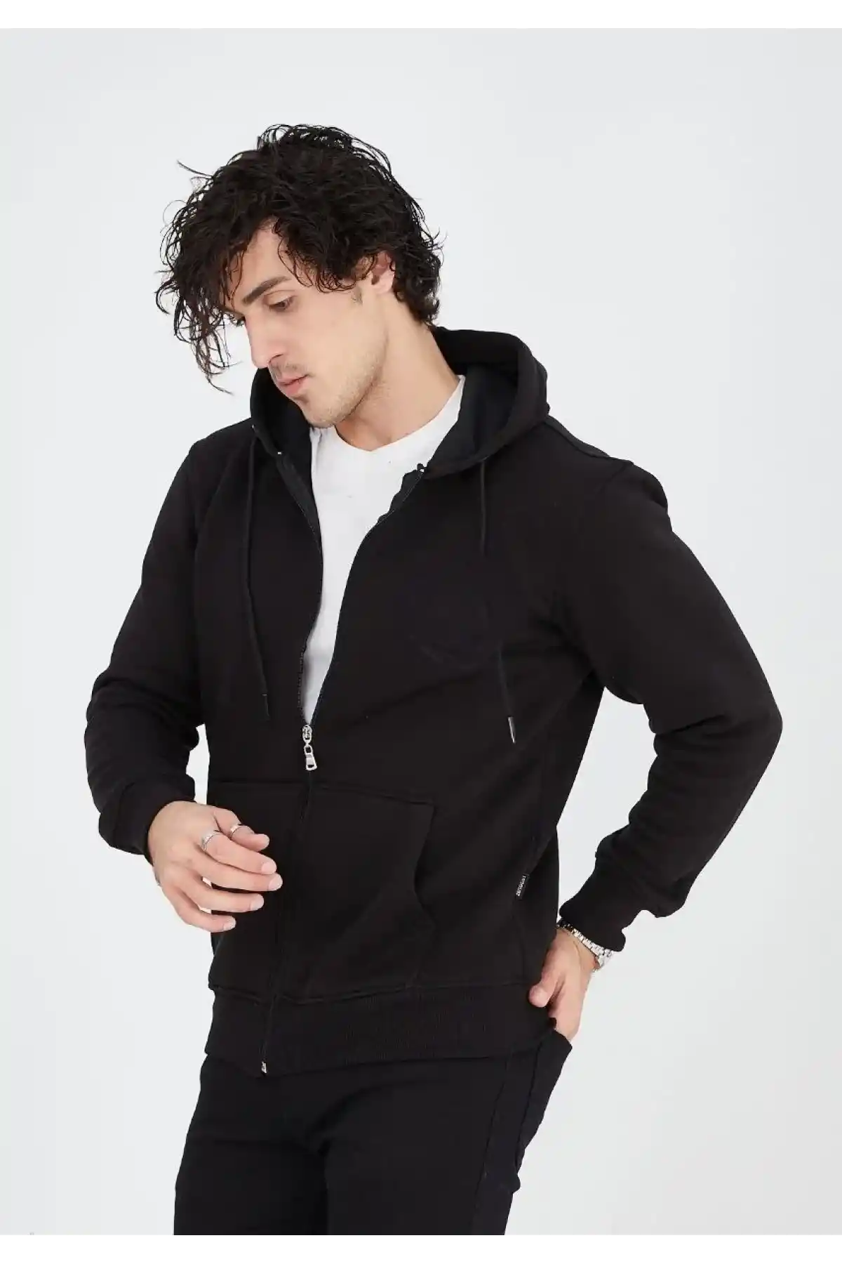 Unisex Tam Fermuarlı Kapşonlu  SweatShirt - Siyah