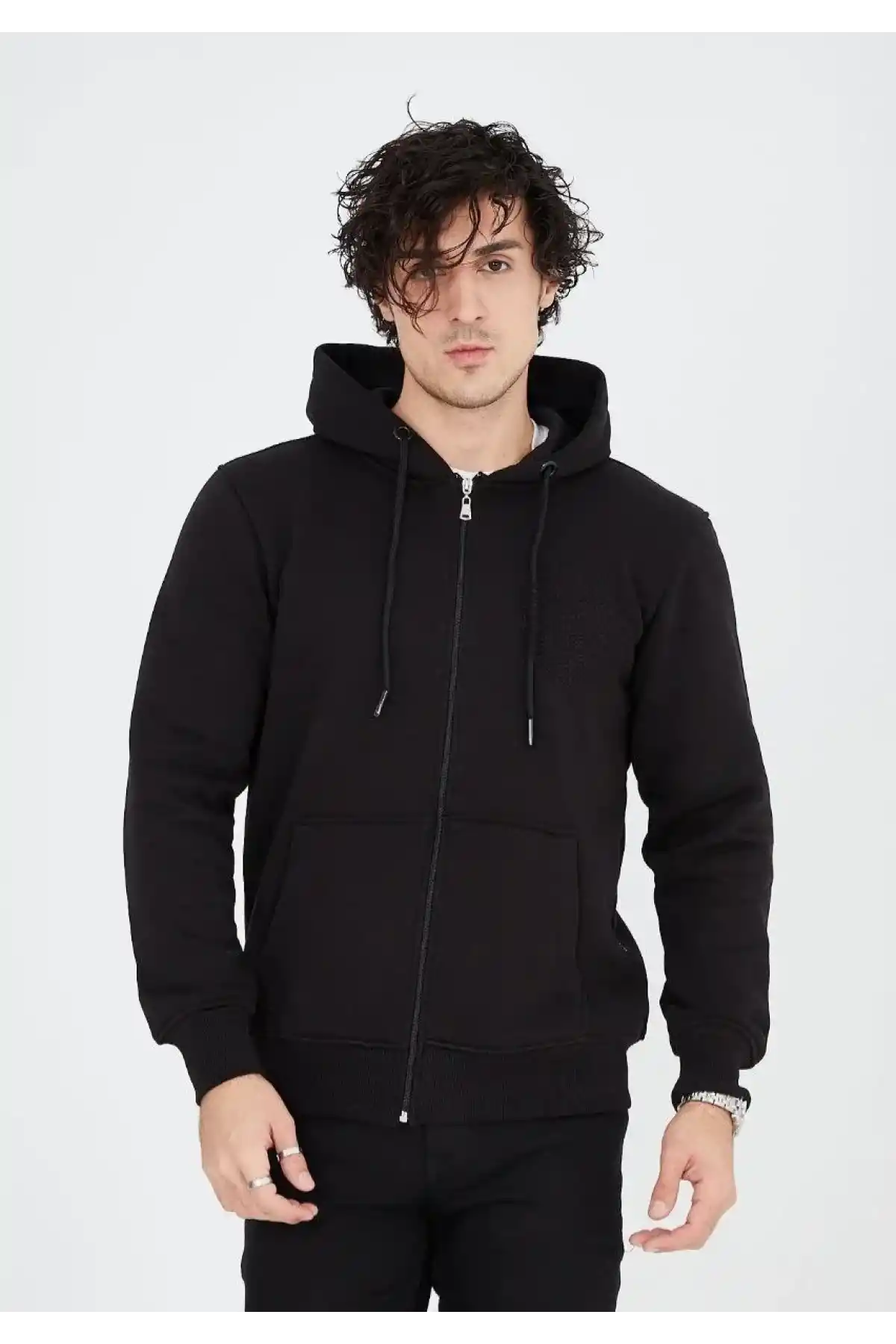 Unisex Tam Fermuarlı Kapşonlu  SweatShirt - Siyah