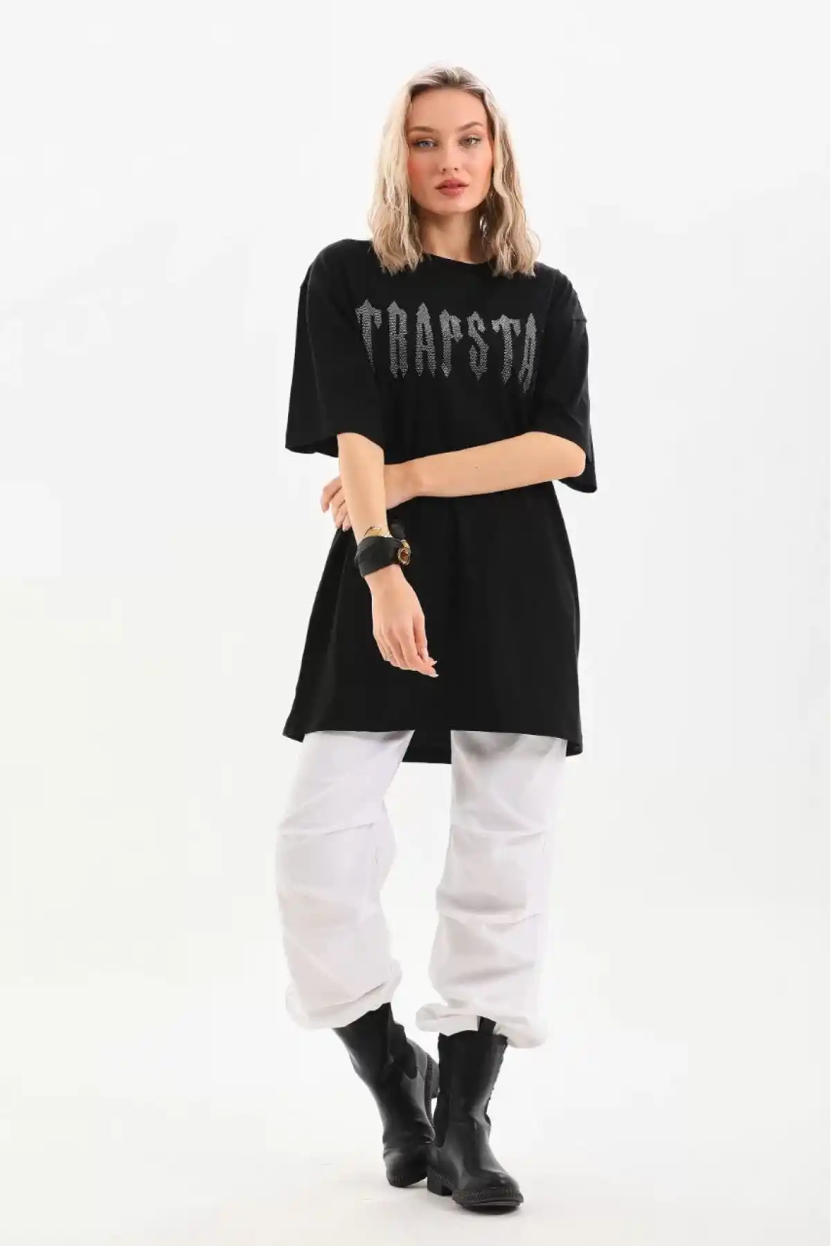 Unisex Taş Desenli Oversize T-Shirt - Siyah