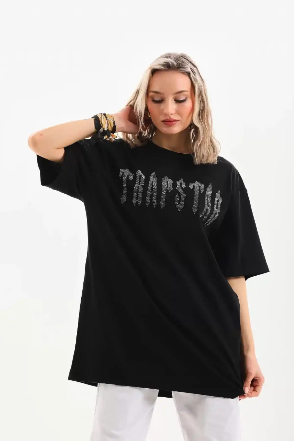 Unisex Taş Desenli Oversize T-Shirt - Siyah