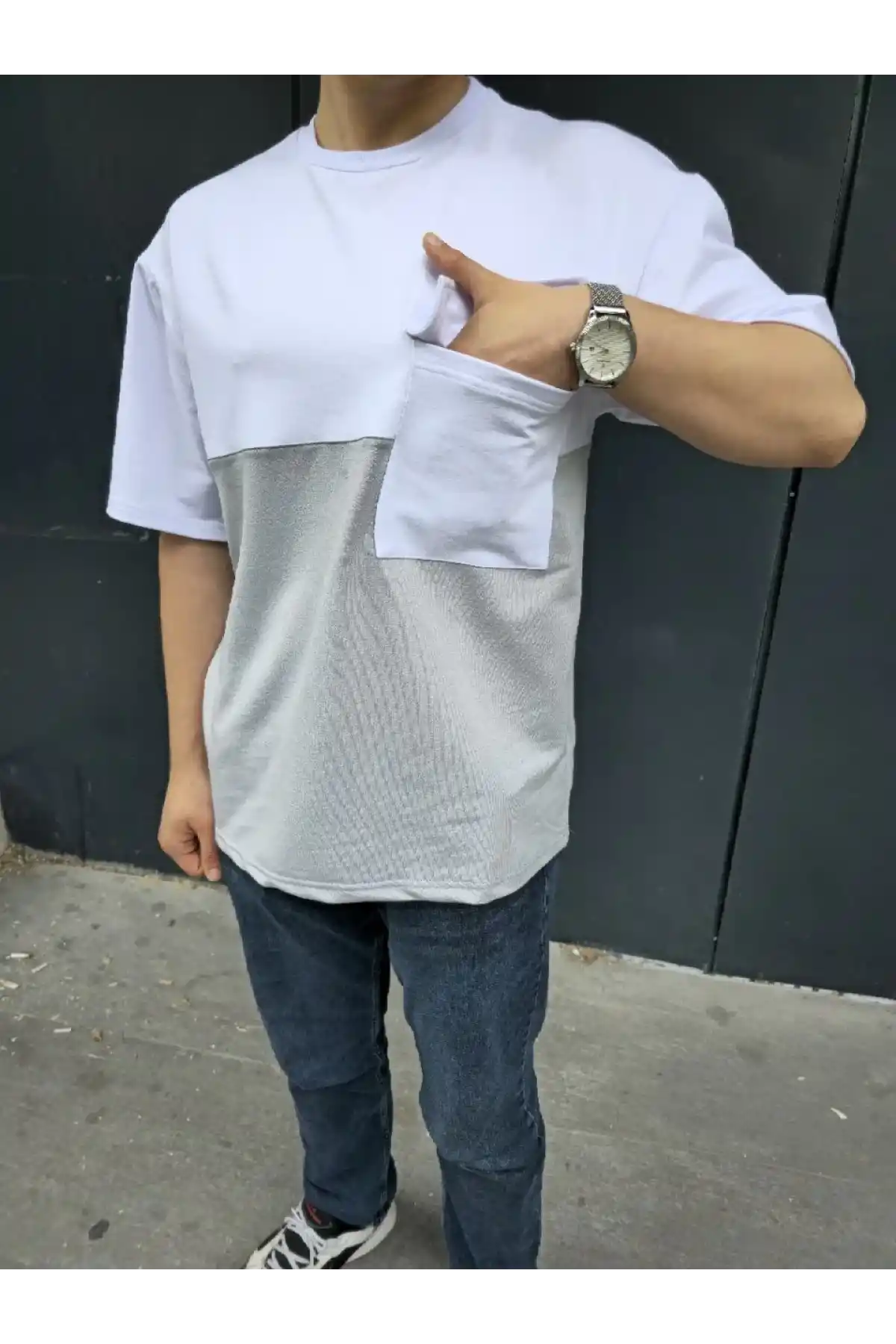 Unisex Torba Cep Detaylı Parçalı T-Shirt - Gri